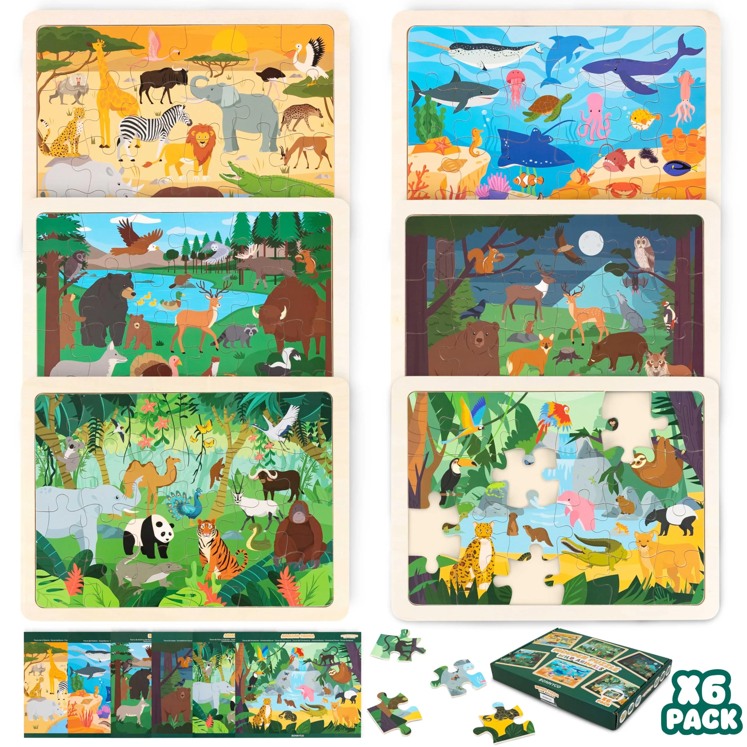 BONNYCO Holzpuzzle Kinder 6 Set 24 STK, Tieren aus Diversen Ökosystemen. Puzzle ab 3-8 Jahre, Lernspielzeug Jungen und Mädchen. Pädagogisches Geschenk für Kinder, Weihnachten