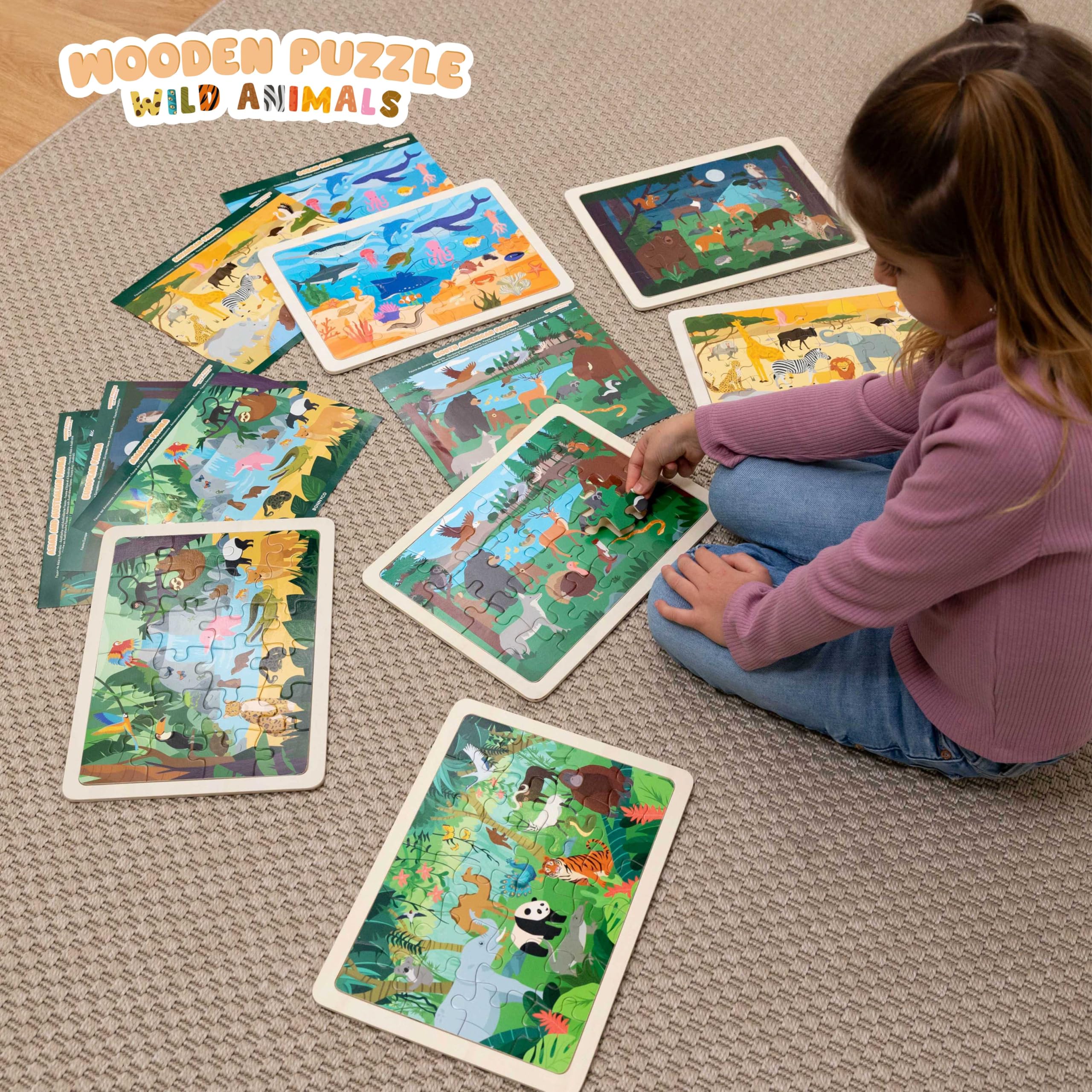 BONNYCO Holzpuzzle Kinder 6 Set 24 STK, Tieren aus Diversen Ökosystemen. Puzzle ab 3-8 Jahre, Lernspielzeug Jungen und Mädchen. Pädagogisches Geschenk für Kinder, Weihnachten - Image 2