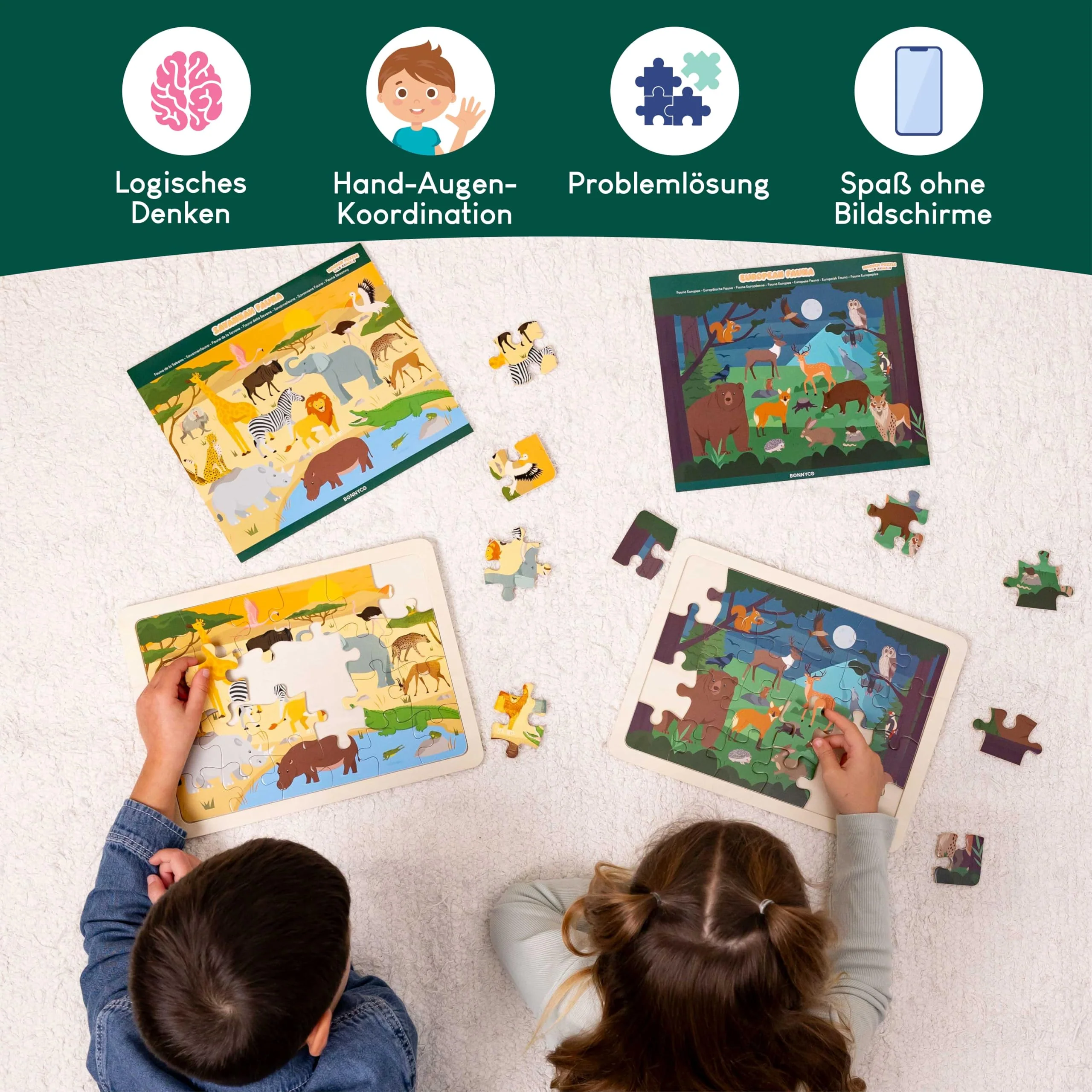 BONNYCO Holzpuzzle Kinder 6 Set 24 STK, Tieren aus Diversen Ökosystemen. Puzzle ab 3-8 Jahre, Lernspielzeug Jungen und Mädchen. Pädagogisches Geschenk für Kinder, Weihnachten - Image 4