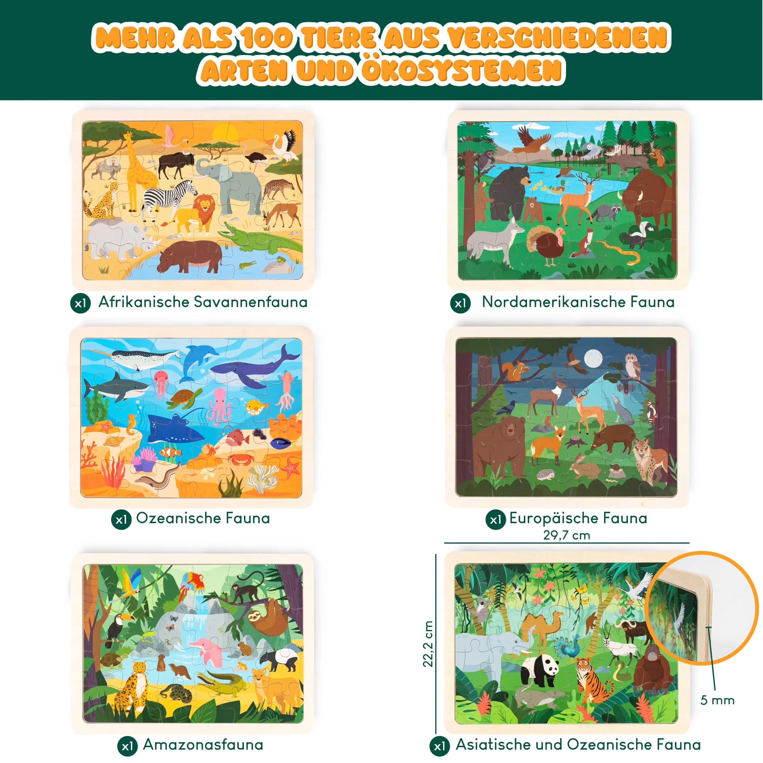 BONNYCO Holzpuzzle Kinder 6 Set 24 STK, Tieren aus Diversen Ökosystemen. Puzzle ab 3-8 Jahre, Lernspielzeug Jungen und Mädchen. Pädagogisches Geschenk für Kinder, Weihnachten - Image 9