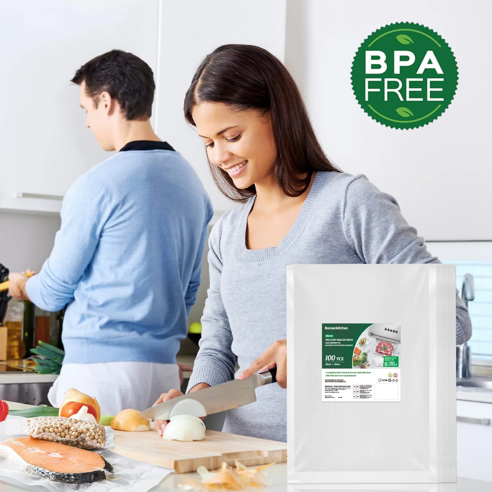 Bonsenkitchen Profi Vakuumbeutel, 100 Beutel 20x30cm Vakuumierbeutel für alle Vakuumierer & Lebensmittel Vakuumiergerät, Kochfest und Sous Vide Gefrierbeutel, BPA-frei, VB3205
