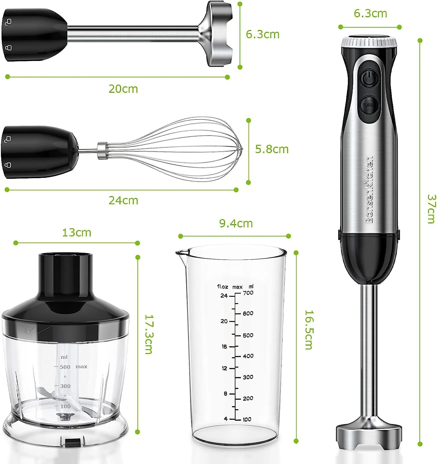 Bonsenkitchen Pürierstab, 4-en-1 Stabmixer Elektrischer, 1000W Stufenlos Geschwindigkeiten, Edelstahl, Schneebesen, 500ml Häcksler und 700ml Messbecher für Babynahrung, HB3203 (Schwarz) - Image 3
