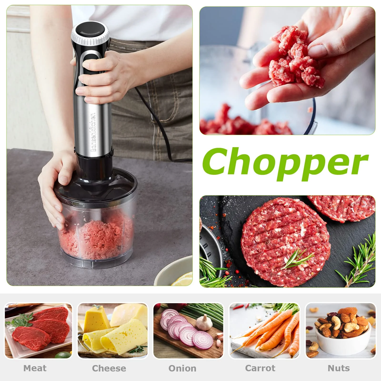 Bonsenkitchen Pürierstab, 4-en-1 Stabmixer Elektrischer, 1000W Stufenlos Geschwindigkeiten, Edelstahl, Schneebesen, 500ml Häcksler und 700ml Messbecher für Babynahrung, HB3203 (Schwarz) - Image 4