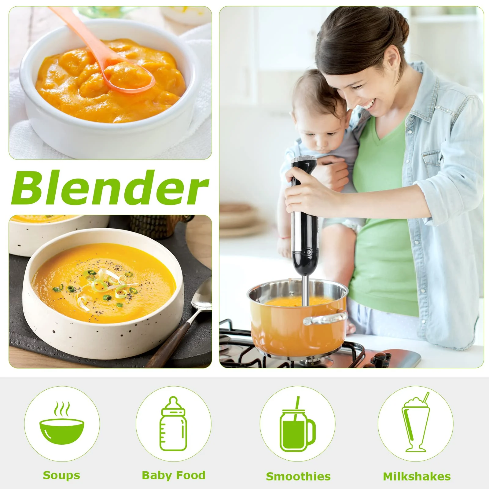 Bonsenkitchen Pürierstab, 4-en-1 Stabmixer Elektrischer, 1000W Stufenlos Geschwindigkeiten, Edelstahl, Schneebesen, 500ml Häcksler und 700ml Messbecher für Babynahrung, HB3203 (Schwarz) - Image 6