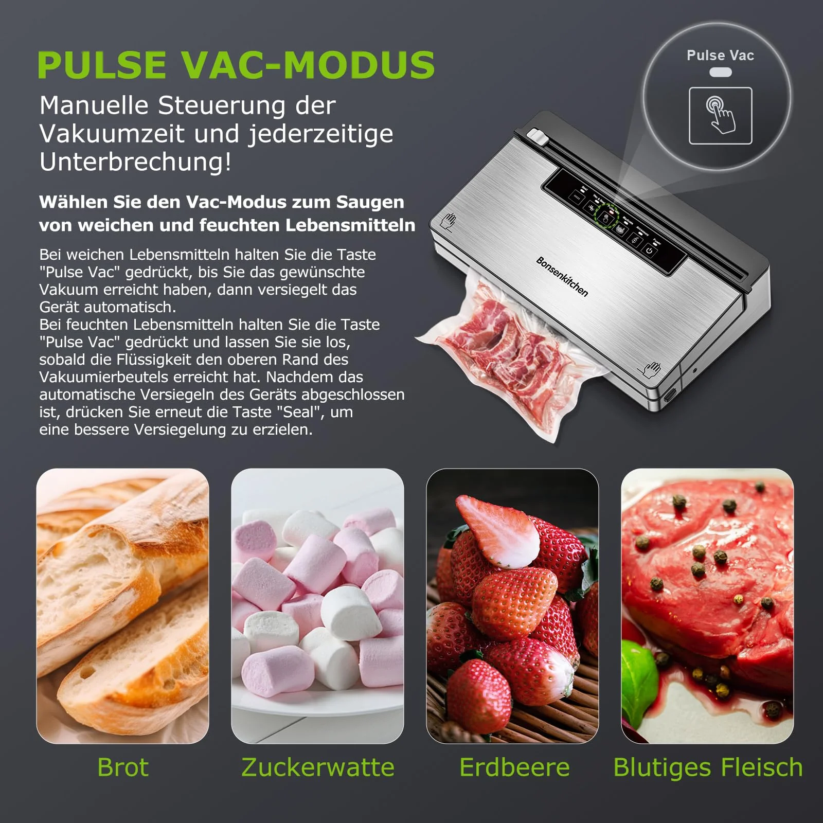 Bonsenkitchen Vakuumierer, Stark Vakuumiergerät mit 5 Modi, 8 L/Min, Globefish-Technologie für Kontinuierliches Arbeiten mit Hoher Geschwindigkeit, Enthält 100 Vakuumbeutel und 1 Rollbeutel - Image 4