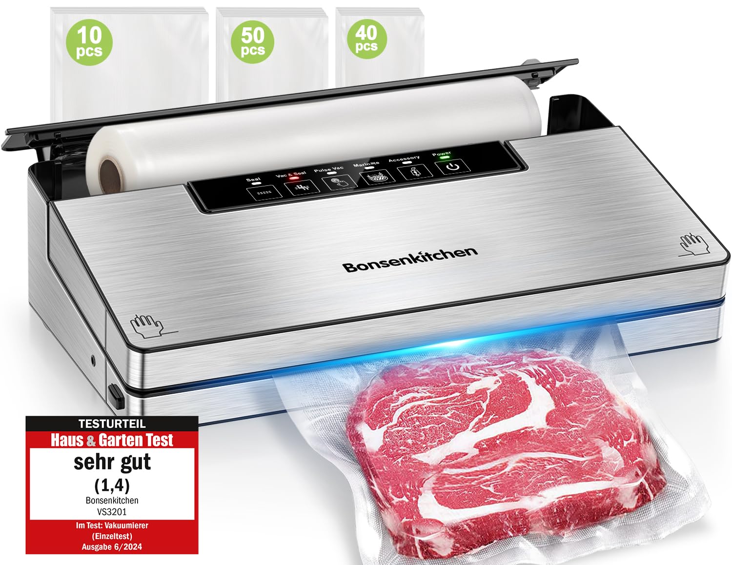 Bonsenkitchen Vakuumierer, Stark Vakuumiergerät mit 5 Modi, 8 L/Min, Globefish-Technologie für Kontinuierliches Arbeiten mit Hoher Geschwindigkeit, Enthält 100 Vakuumbeutel und 1 Rollbeutel - Image 5