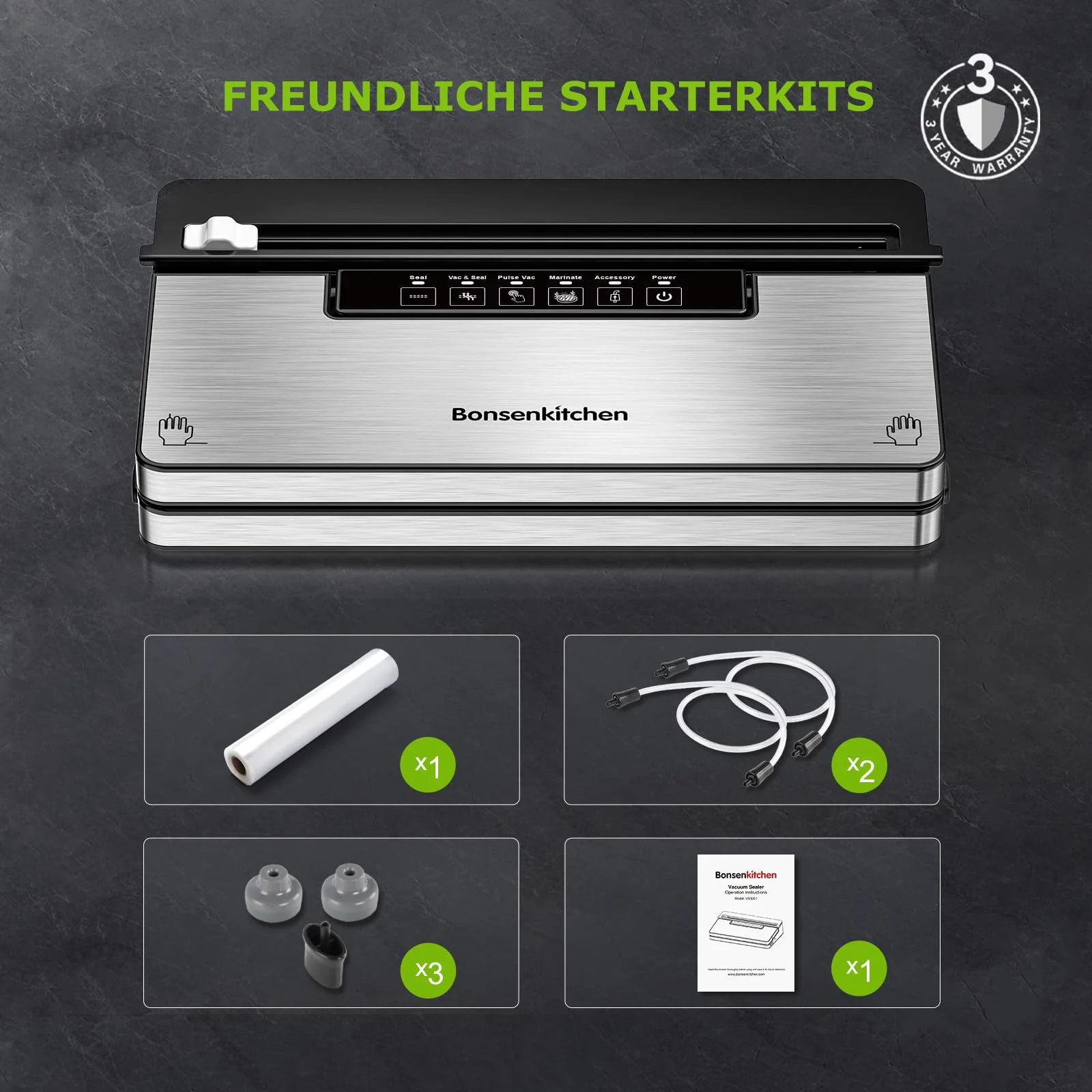 Bonsenkitchen Vakuumierer, Stark Vakuumiergerät mit 5 Modi, 8 L/Min, Globefish-Technologie für Kontinuierliches Arbeiten mit Hoher Geschwindigkeit, Schnelles Vakuum, Rollenaufbewahrung mit Cutter,125W - Image 3