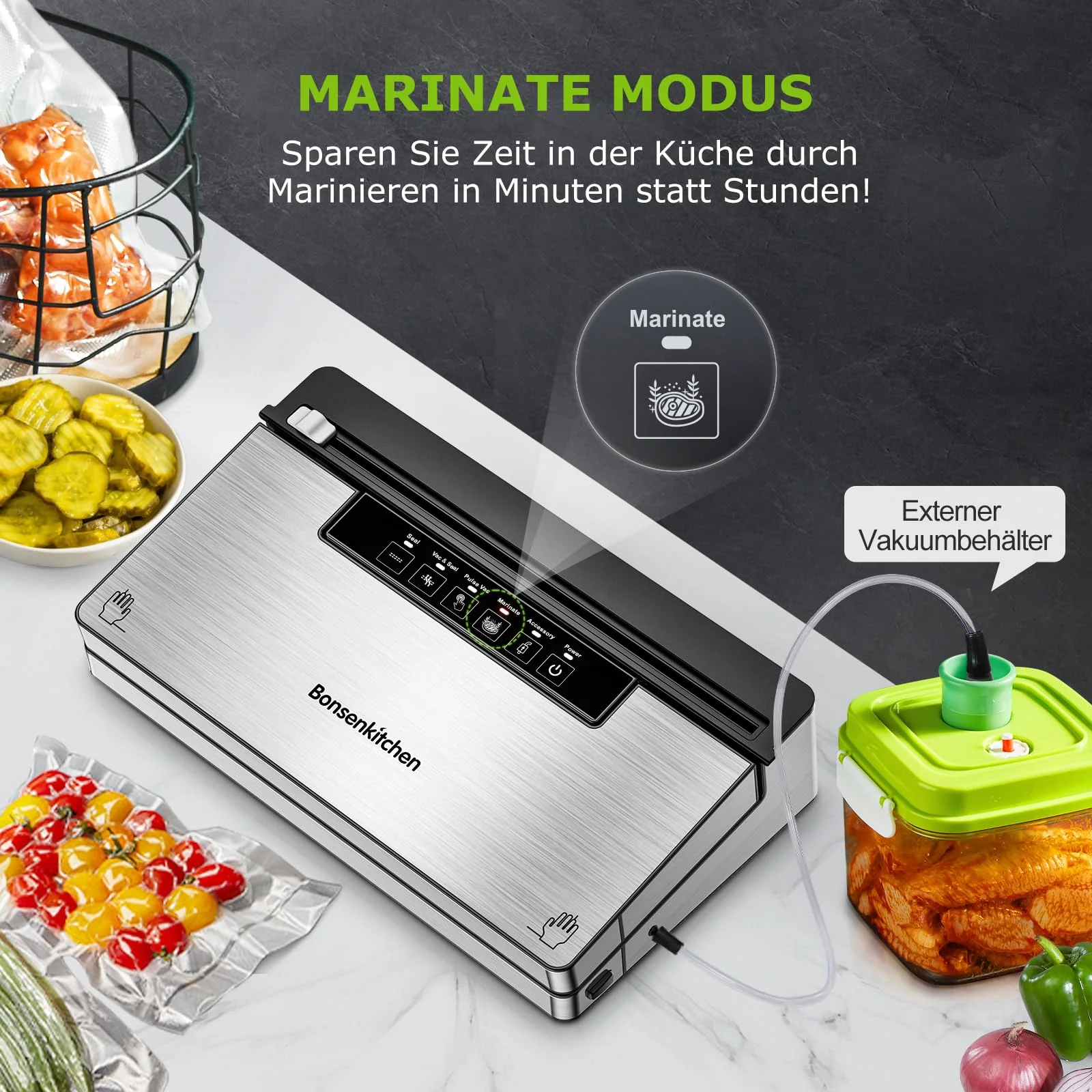 Bonsenkitchen Vakuumierer, Stark Vakuumiergerät mit 5 Modi, 8 L/Min, Globefish-Technologie für Kontinuierliches Arbeiten mit Hoher Geschwindigkeit, Schnelles Vakuum, Rollenaufbewahrung mit Cutter,125W - Image 4