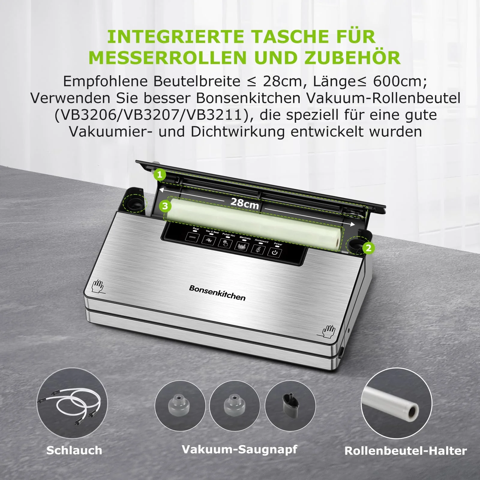 Bonsenkitchen Vakuumierer, Stark Vakuumiergerät mit 5 Modi, 8 L/Min, Globefish-Technologie für Kontinuierliches Arbeiten mit Hoher Geschwindigkeit, Schnelles Vakuum, Rollenaufbewahrung mit Cutter,125W - Image 5