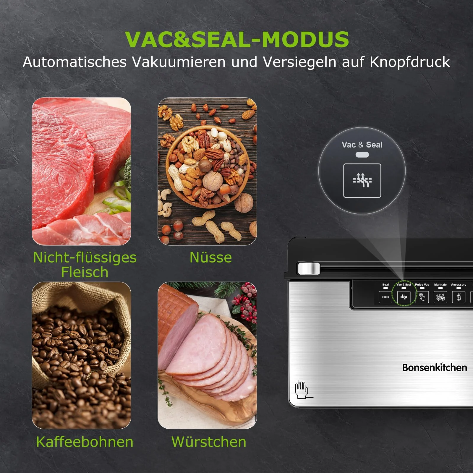 Bonsenkitchen Vakuumierer, Stark Vakuumiergerät mit 5 Modi, 8 L/Min, Globefish-Technologie für Kontinuierliches Arbeiten mit Hoher Geschwindigkeit, Schnelles Vakuum, Rollenaufbewahrung mit Cutter,125W - Image 7