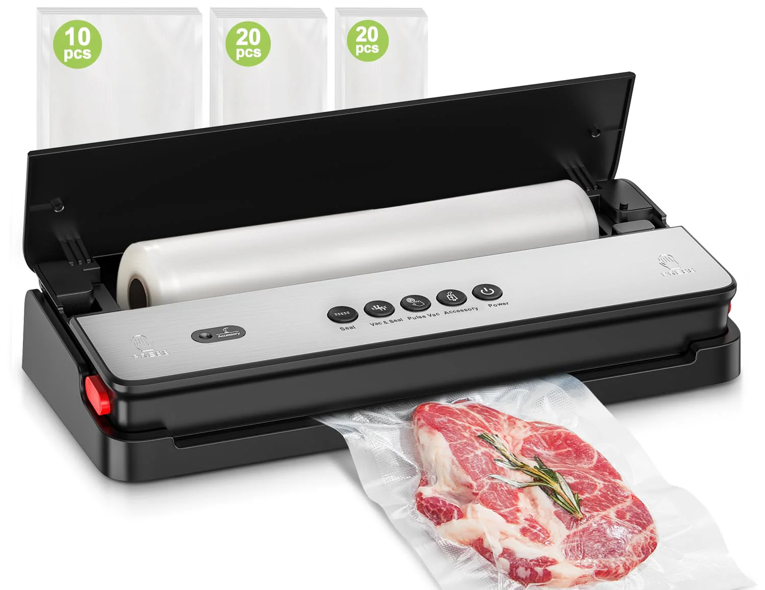 Bonsenkitchen Vakuumiergerät, für Trockene und Feuchte Lebensmittel Vakuumierer mit Eingebauter Cutter, 1 Rolle Folienbeutel, 50 Profi-Folienbeutel - Image 2