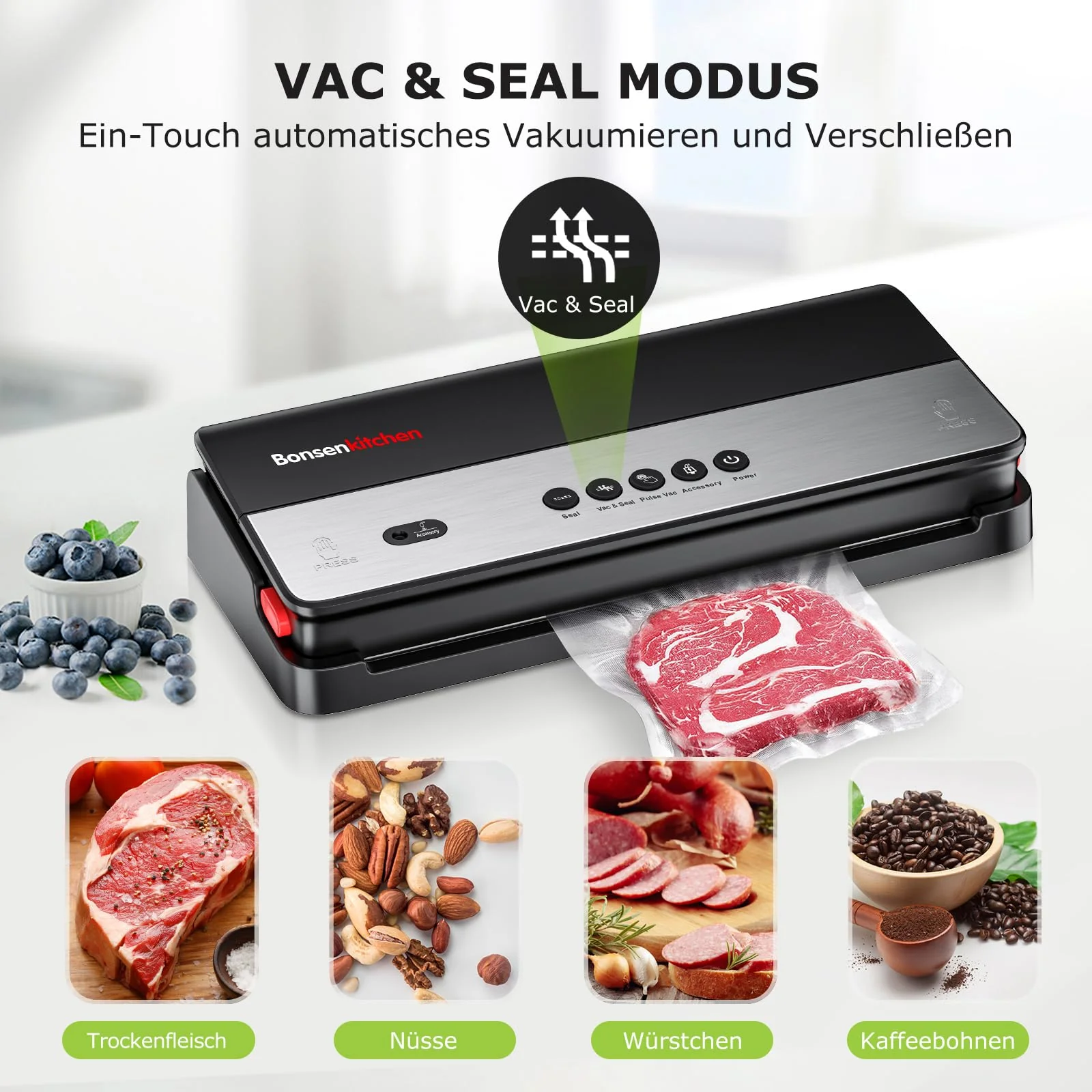 Bonsenkitchen Vakuumiergerät, für Trockene und Feuchte Lebensmittel Vakuumierer mit Eingebauter Cutter, 1 Rolle Folienbeutel, 50 Profi-Folienbeutel - Image 3
