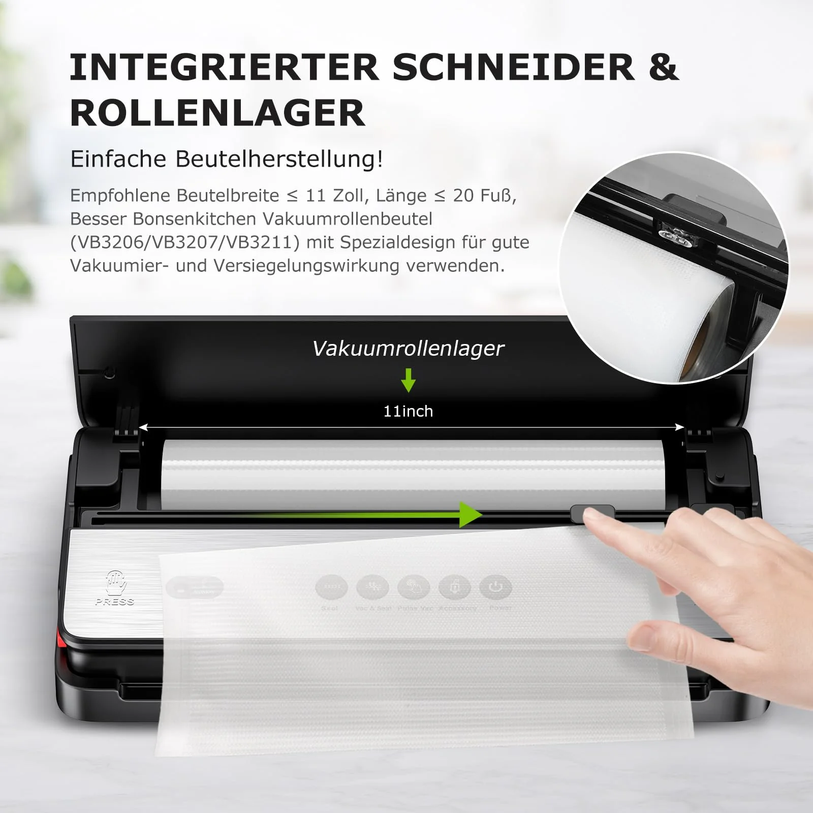 Bonsenkitchen Vakuumiergerät, für Trockene und Feuchte Lebensmittel Vakuumierer mit Eingebauter Cutter, 1 Rolle Folienbeutel, 50 Profi-Folienbeutel - Image 4
