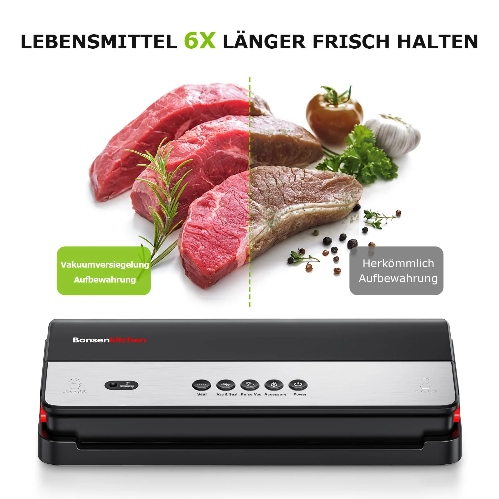 Bonsenkitchen Vakuumiergerät, für Trockene und Feuchte Lebensmittel Vakuumierer mit Eingebauter Cutter, 1 Rolle Folienbeutel, 50 Profi-Folienbeutel - Image 5