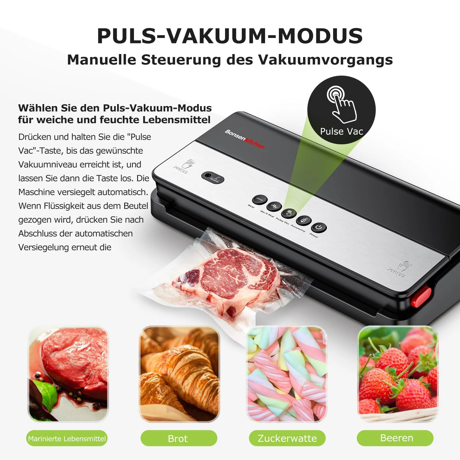 Bonsenkitchen Vakuumiergerät, für Trockene und Feuchte Lebensmittel Vakuumierer mit Eingebauter Cutter, 1 Rolle Folienbeutel, 50 Profi-Folienbeutel - Image 7