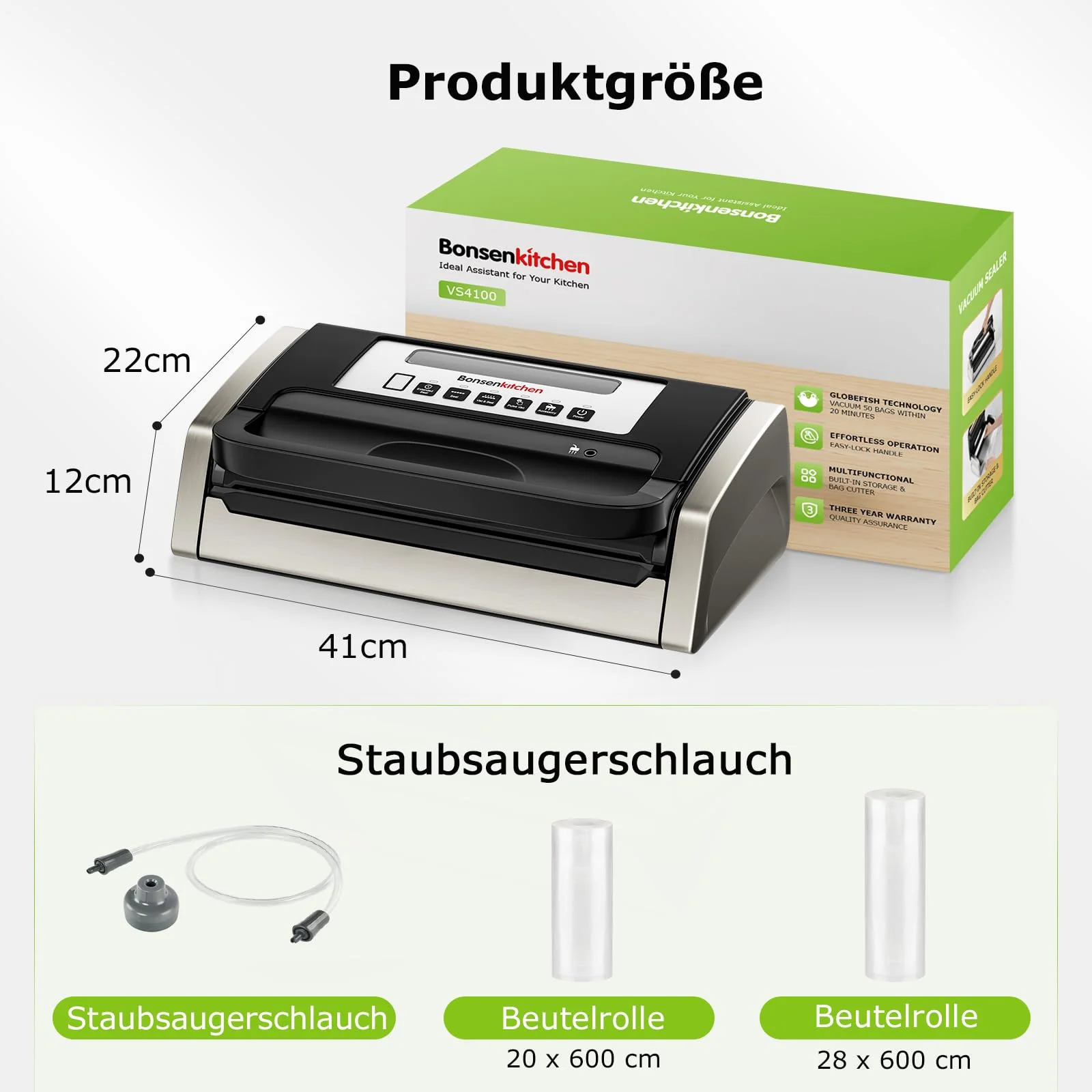 Bonsenkitchen Vakuumiergerät, Vakuumierer, Einschließlich 2 Rollen Vakuumrollen, Design mit Griffverriegelung, leistungsstarker geräuscharmer mit Globefish-Technologie, integrierter Schneider - Image 3