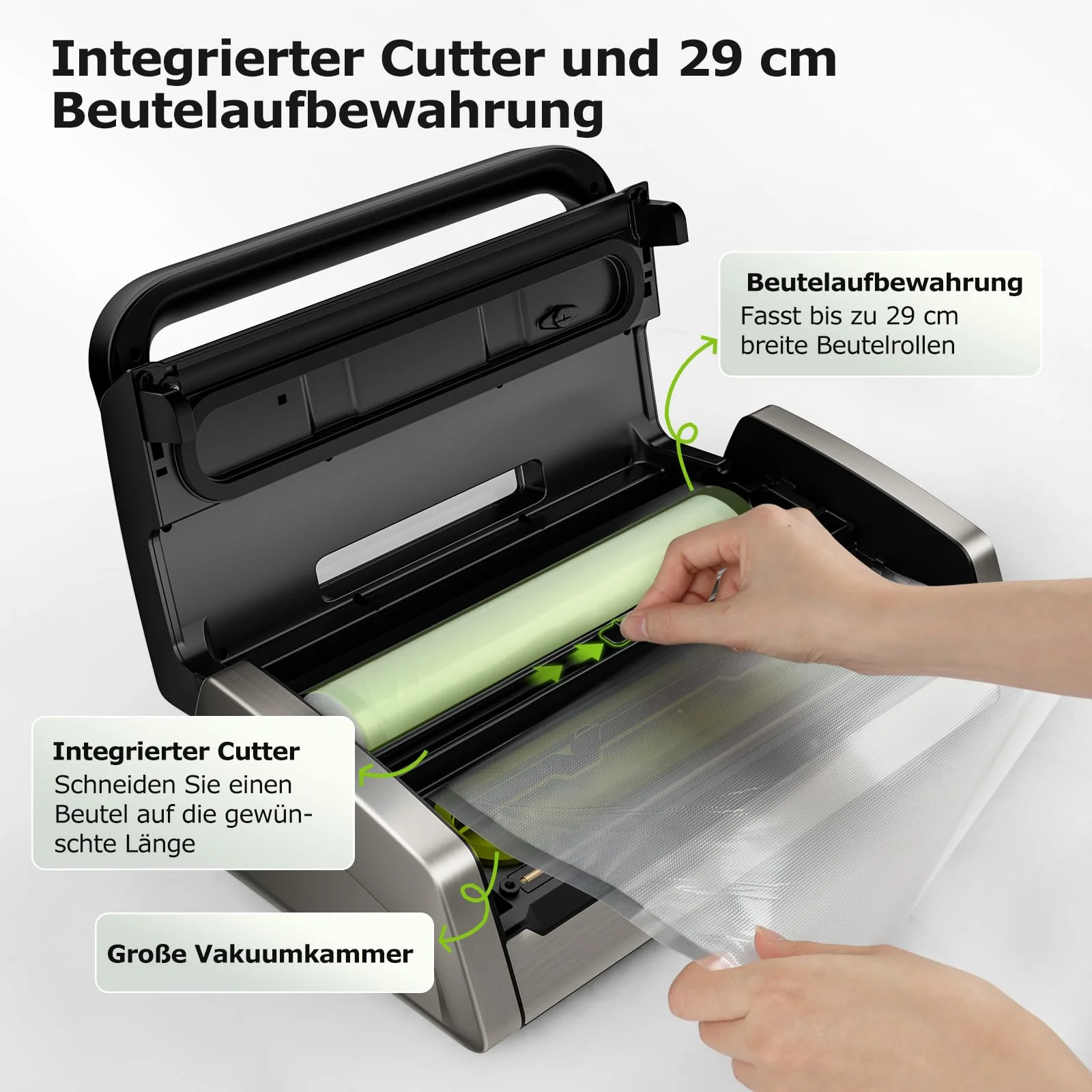 Bonsenkitchen Vakuumiergerät, Vakuumierer, Einschließlich 2 Rollen Vakuumrollen, Design mit Griffverriegelung, leistungsstarker geräuscharmer mit Globefish-Technologie, integrierter Schneider - Image 4