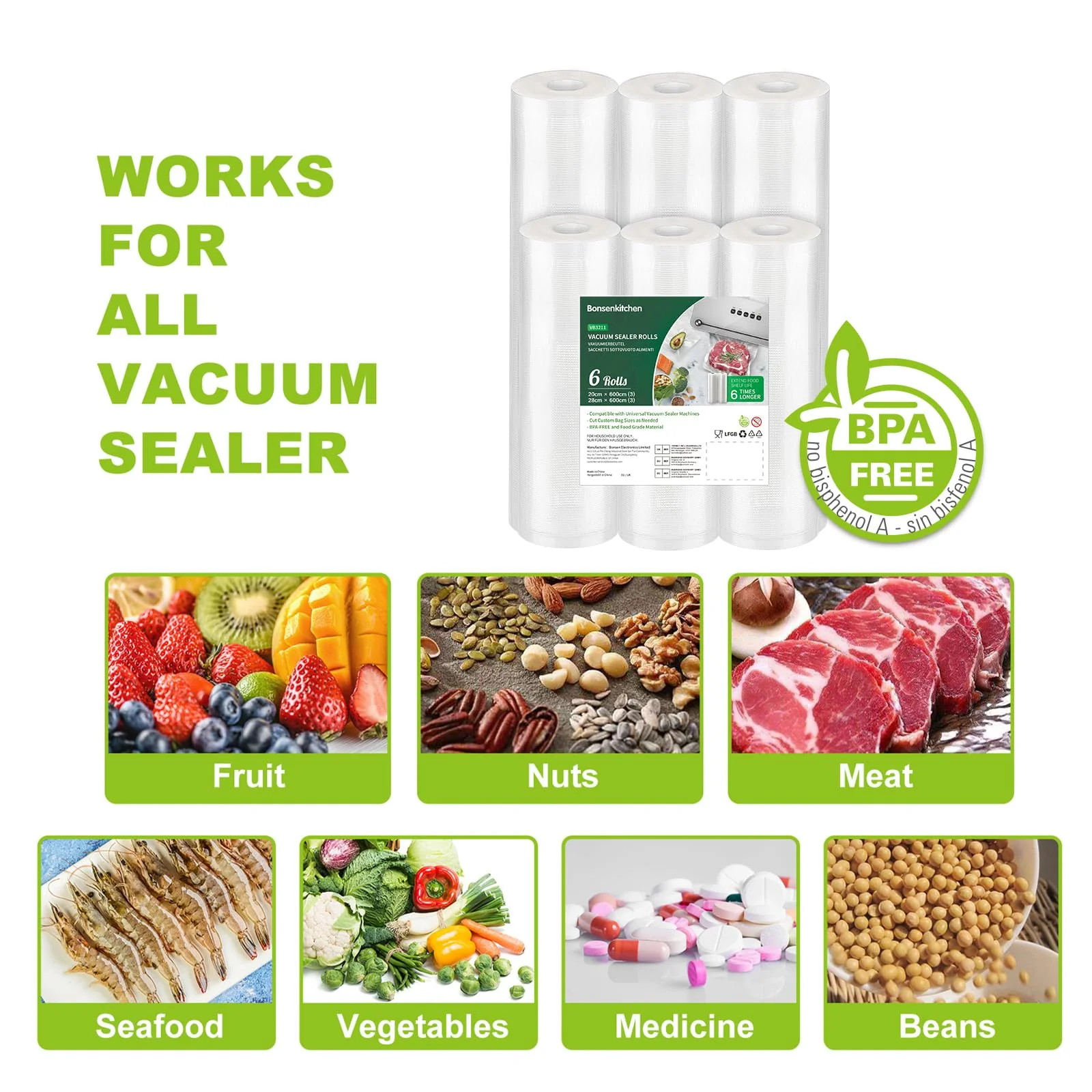 Bonsenkitchen Vakuumrollen 3 Rollen 28x600cm + 3 Rollen 20x600cm Vakuumierfolie - Profi Vakuumbeutel für Vakuumierer Lebensmittel Vakuumiergerät, Kochfest und Sous Vide Gefrierbeutel, BPA-frei, VB3211 - Image 3