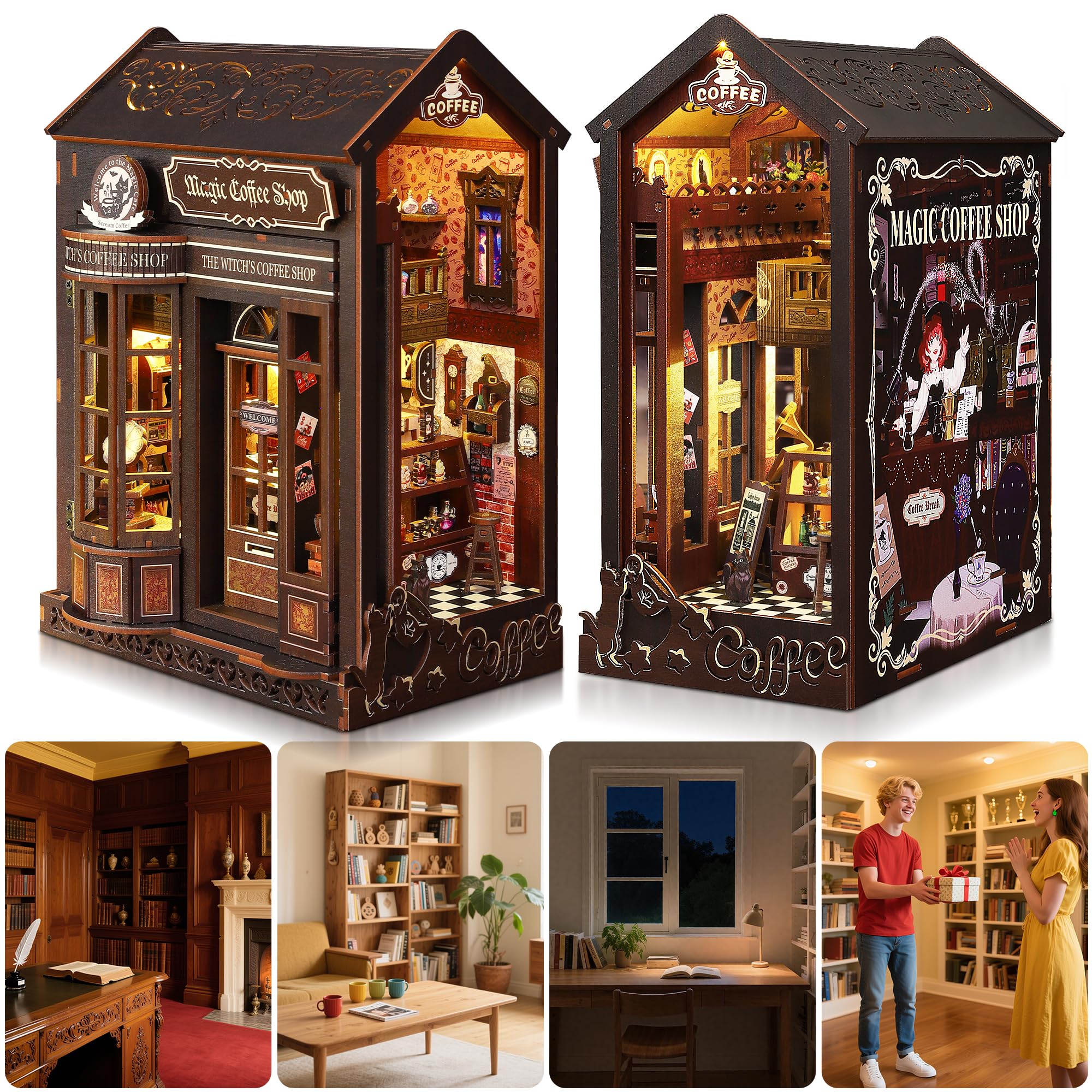 Book Nook Kit für Erwachsene: LUMYCE Holzpuzzle DIY Miniatur Haus 3D Puppenhaus - Buchstütze für Bücherregal Deko mit Led Licht Kreatives Geschenk für Leser - Image 2