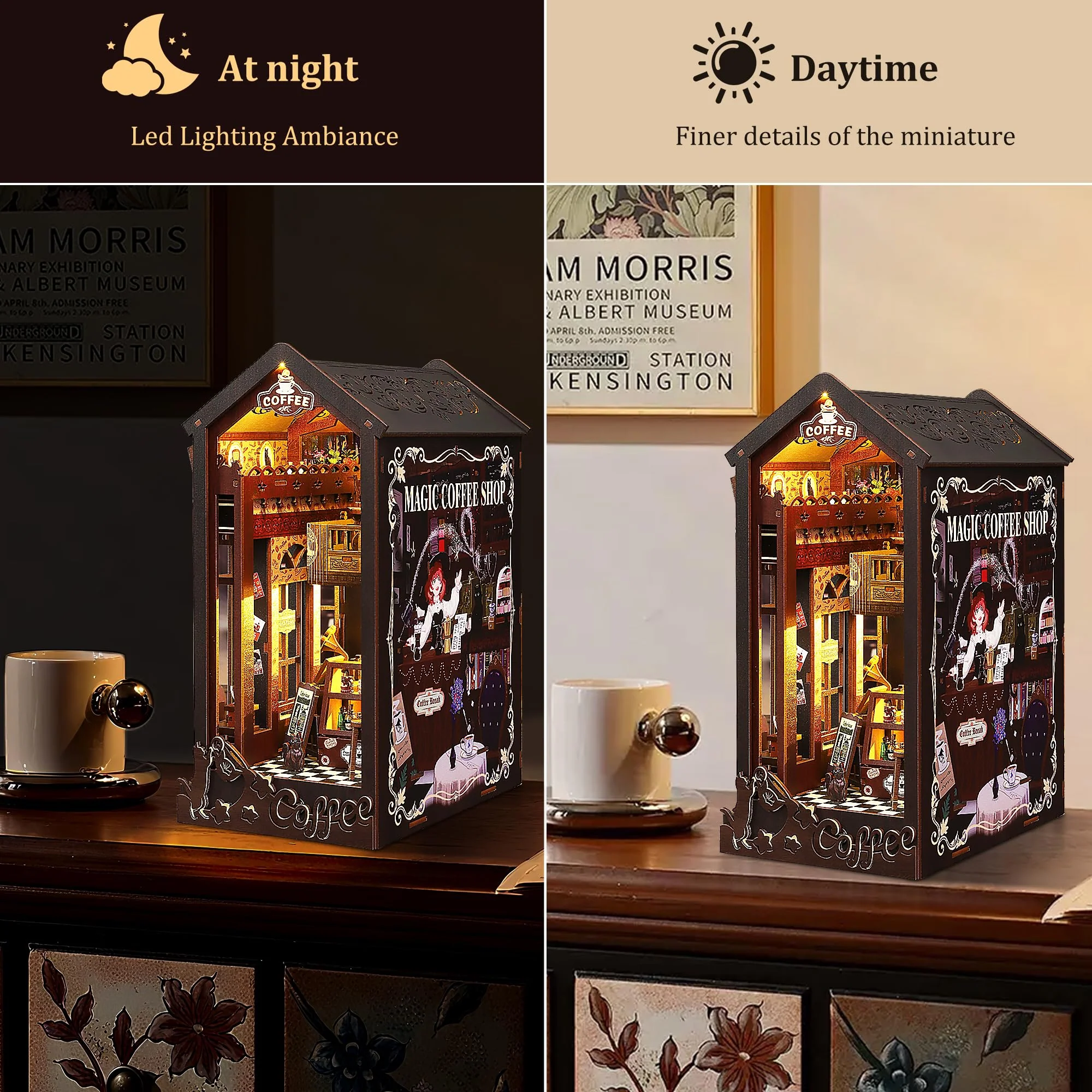 Book Nook Kit für Erwachsene: LUMYCE Holzpuzzle DIY Miniatur Haus 3D Puppenhaus - Buchstütze für Bücherregal Deko mit Led Licht Kreatives Geschenk für Leser - Image 4