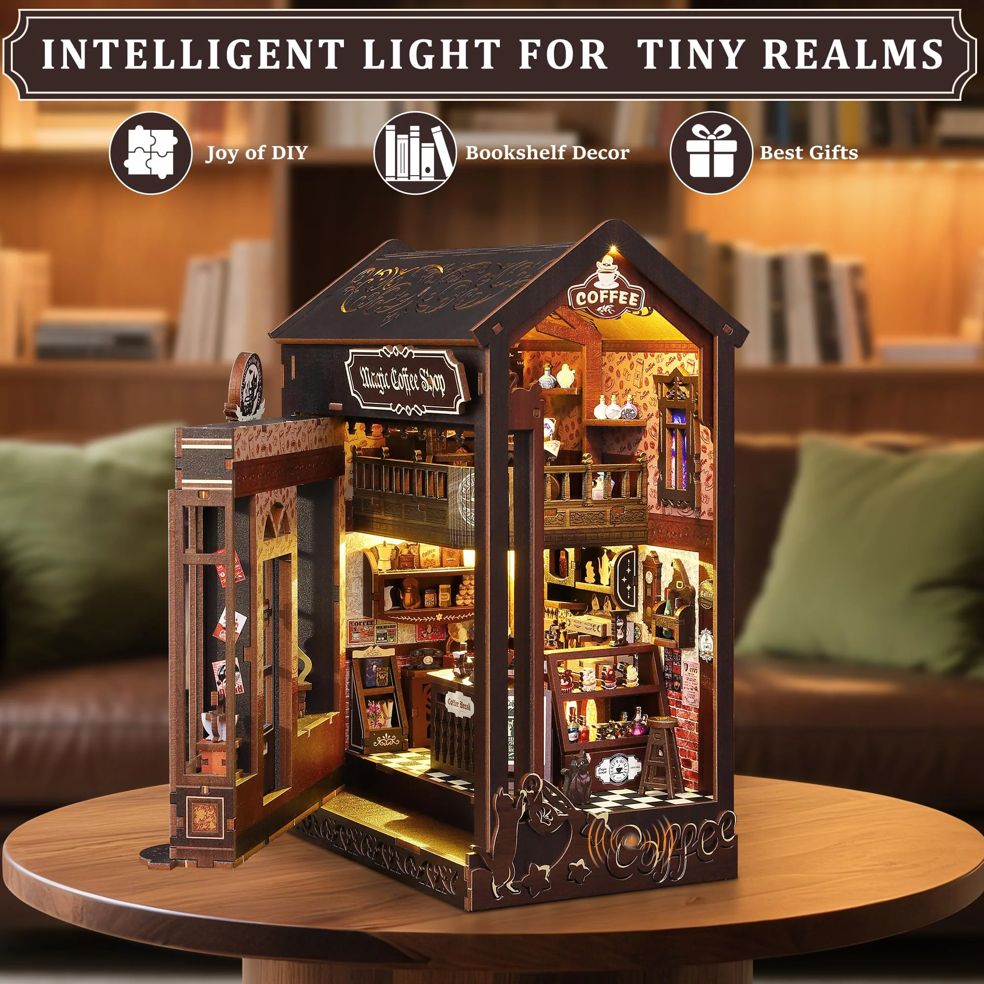 Book Nook Kit für Erwachsene: LUMYCE Holzpuzzle DIY Miniatur Haus 3D Puppenhaus - Buchstütze für Bücherregal Deko mit Led Licht Kreatives Geschenk für Leser - Image 7