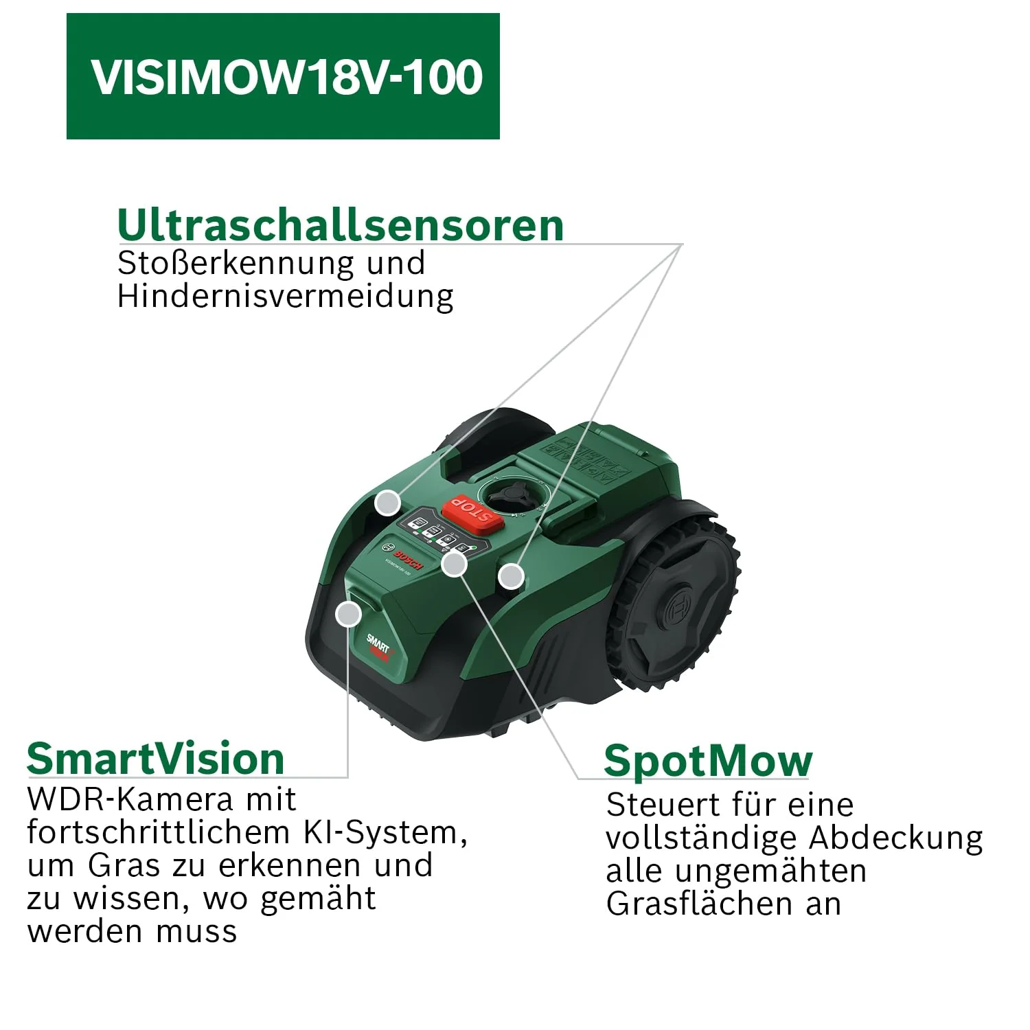 Bosch Akku-Mähroboter VISIMOW18V-100 (für Rasenflächen bis 100 m², Schnittbreite: 16 cm, Schnitthöhe: 20-60 mm, ohne Akku) - Image 5