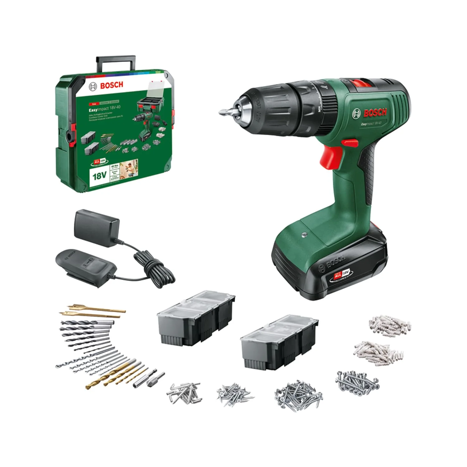 Bosch Akku Schlagbohrschrauber EasyImpact 18V-40 (Schrauben, Bohren in Holz, Metall und Kunststoff; Schlagbohren in Mauerwerk; 241-teiliges Bit-Set; 1 Akku 1,5Ah; 18 Volt System; in SystemBox) - Image 3