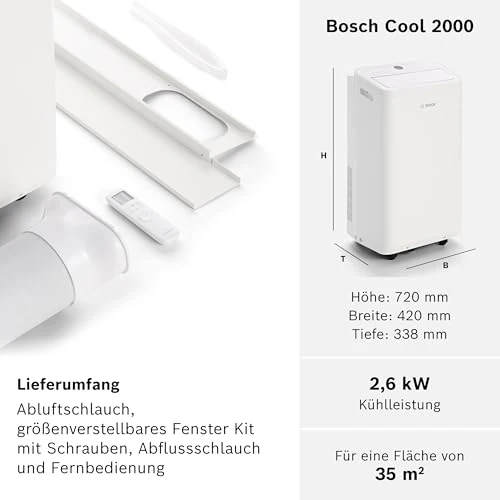 Bosch Cool 2000 Mobiles Klimagerät - 3-in-1 Klimaanlage, Luftentfeuchter, Ventilator - 2,6 kW für Räume bis zu 35m² - Mit Auto-Modus, Silent-Modus Sleep-Modus - Image 7