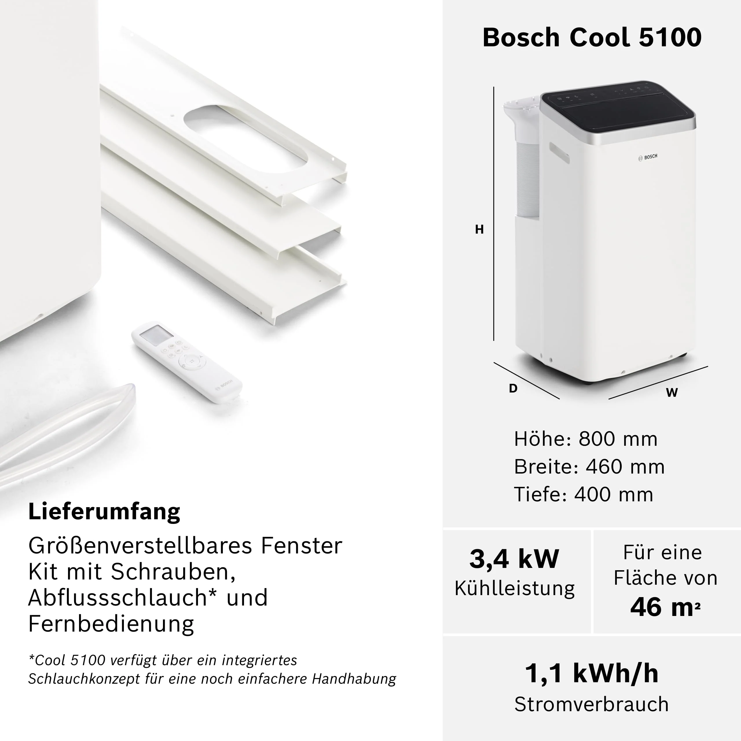 Bosch Cool 5100 Mobiles Klimagerät - 3-in-1 Klimaanlage, Luftentfeuchter, Ventilator - 3,4 kW für Räume bis zu 46 m² - Mit Auto-Modus, Silent-Modus & Sleep-Modus - Image 6