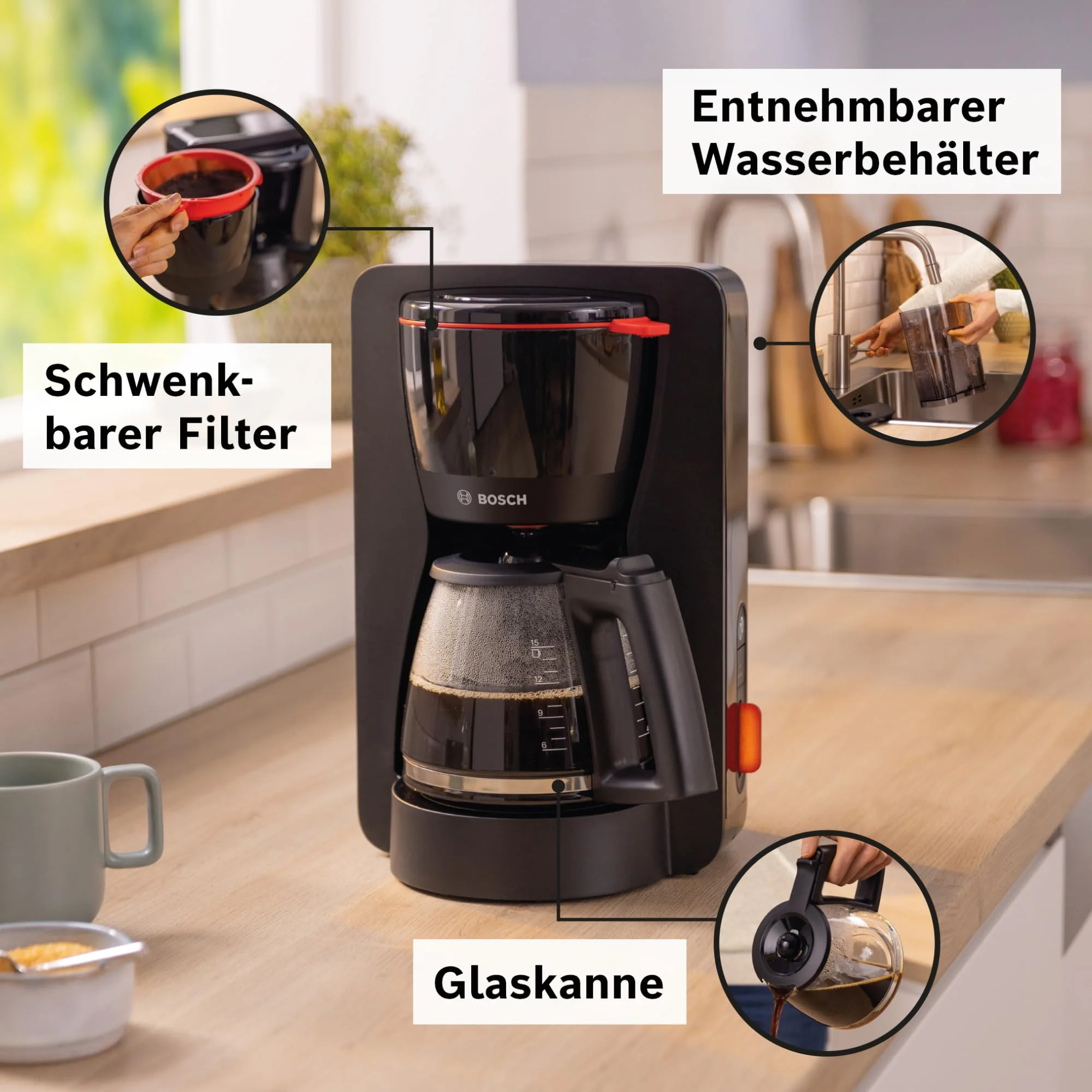 Bosch Filterkaffeemaschine MyMoment TKA3M134, Glaskanne 1,25 L, für 10-15 Tassen, 60min Warmhaltefunktion, Tropfstopp, schwenkbarer Filterträger, Entkalkungsprogramm, 1200 Watt, Rot matt - Image 8