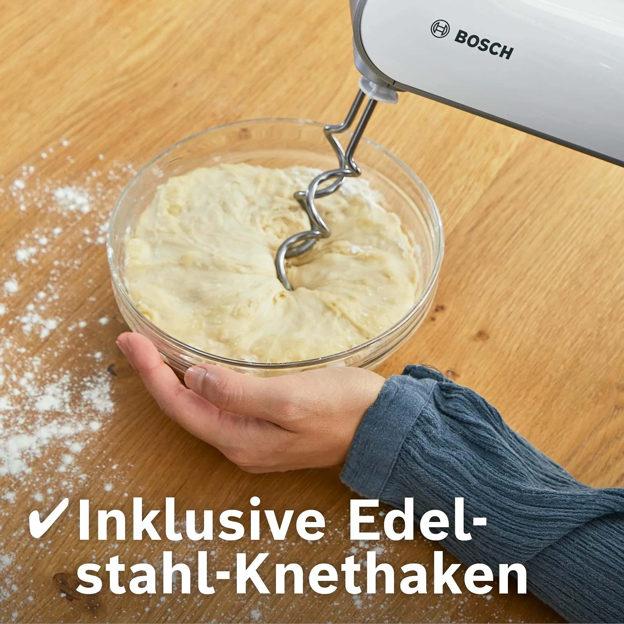 Bosch Handrührer Styline MFQ4075DE, 2 Rührbesen, 2 Edelstahl-Knethaken, spülmaschinengeeignet, Pürierstab, Mixbecher, 5 Stufen plus Turbostufe, 550 W, weiß/silber