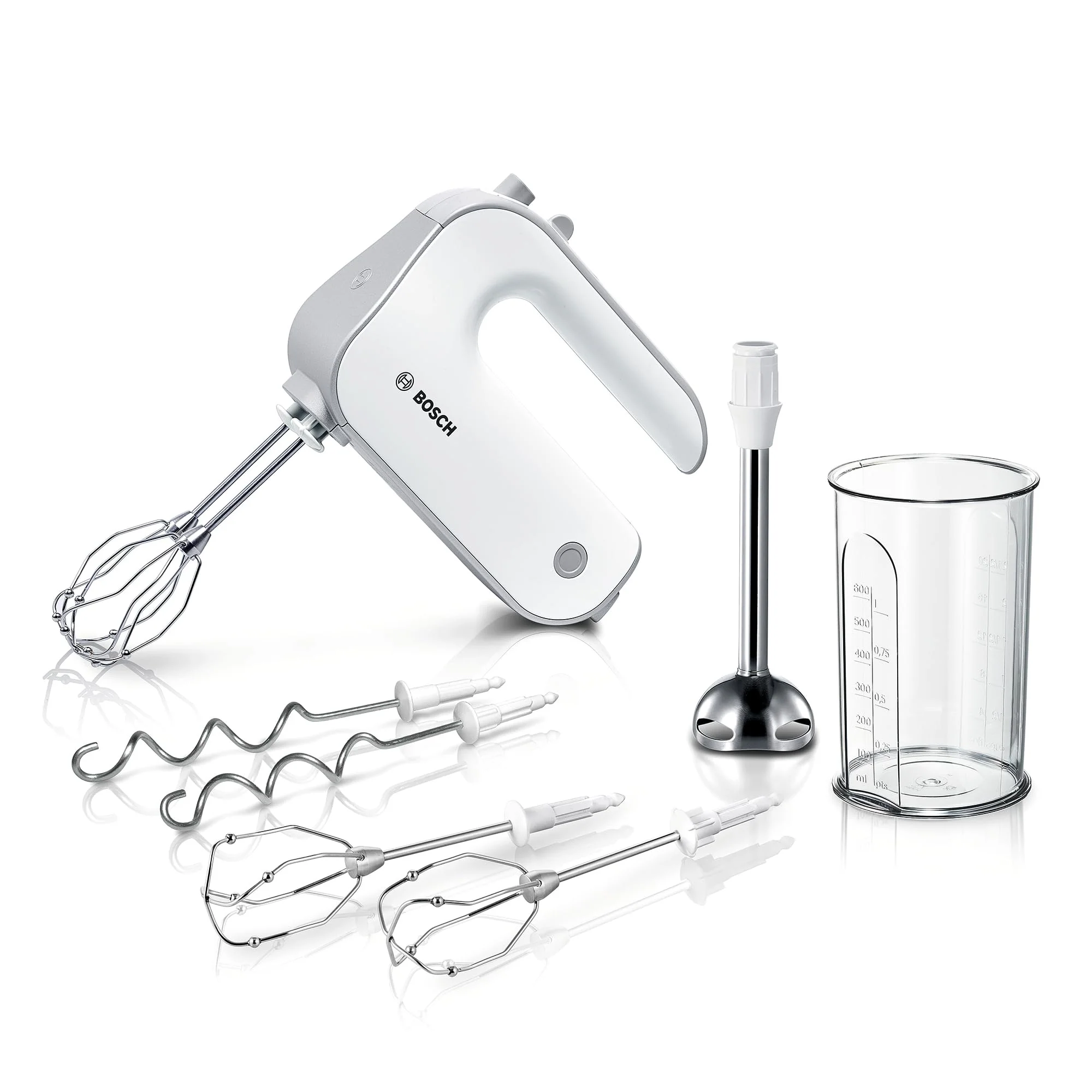 Bosch Handrührer Styline MFQ4075DE, 2 Rührbesen, 2 Edelstahl-Knethaken, spülmaschinengeeignet, Pürierstab, Mixbecher, 5 Stufen plus Turbostufe, 550 W, weiß/silber - Image 6