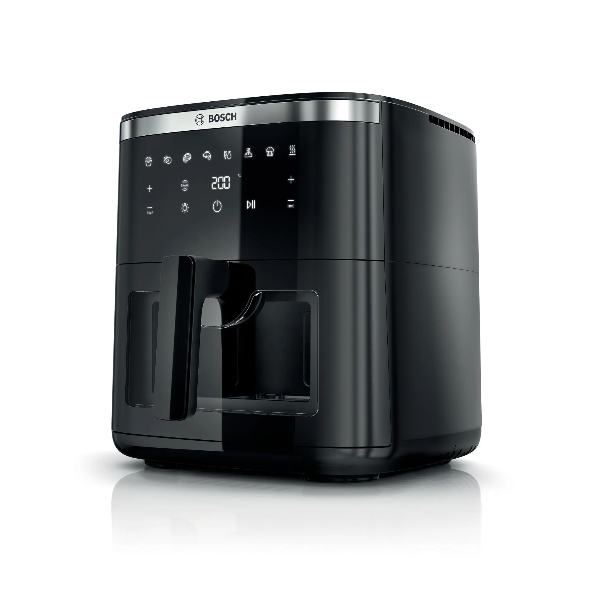 Bosch Heißluftfritteuse Serie 6, XXL Air Fryer, 7,2 L Fassungsvermögen, 7 voreingestellte Programme, beleuchtetes Sichtfenster, bis zu 65% schnelleres Kochen, Schwarz, MAF671B0