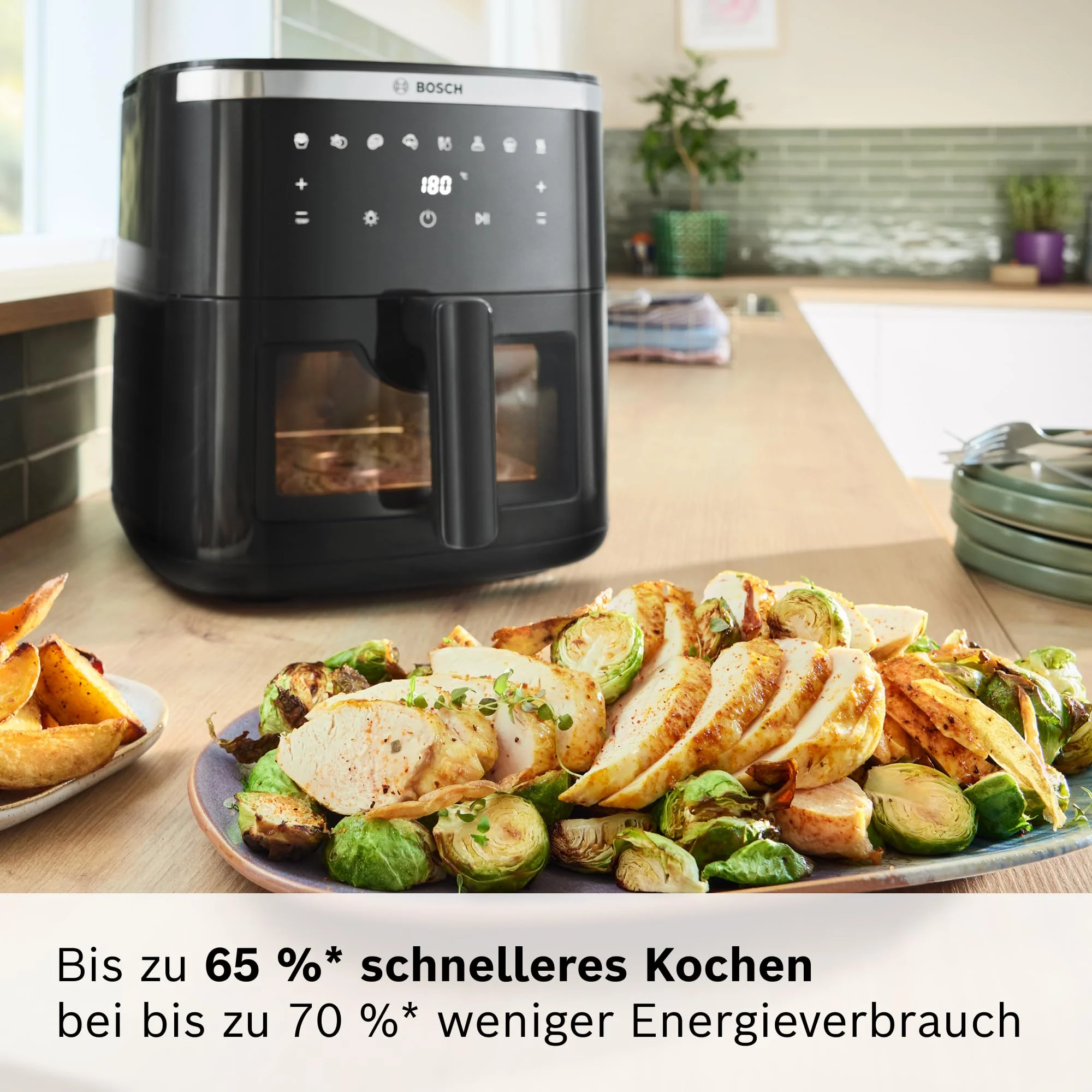 Bosch Heißluftfritteuse Serie 6, XXL Air Fryer, 7,2 L Fassungsvermögen, 7 voreingestellte Programme, beleuchtetes Sichtfenster, bis zu 65% schnelleres Kochen, Schwarz, MAF671B0 - Image 3