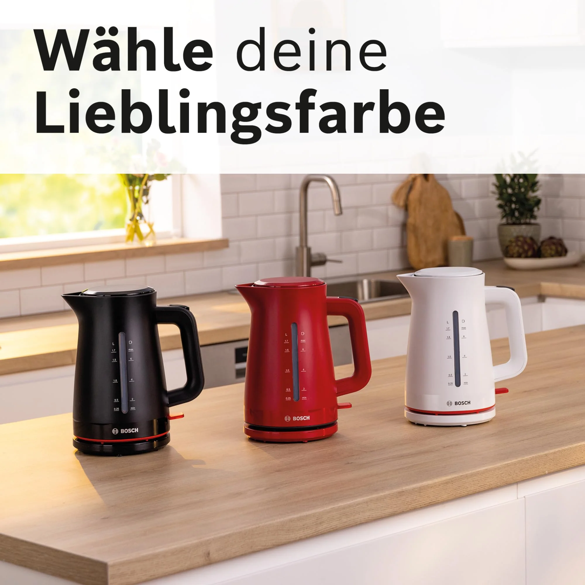 Bosch kabelloser Wasserkocher MyMoment TWK3M121, Abschaltautomatik, Überhitzungsschutz, Tassenanzeige, beidseitige Wasserstandsanzeige, entnehmbarer Kalkfilter, 1,7 L, 2400 W, Weiß matt - Image 3