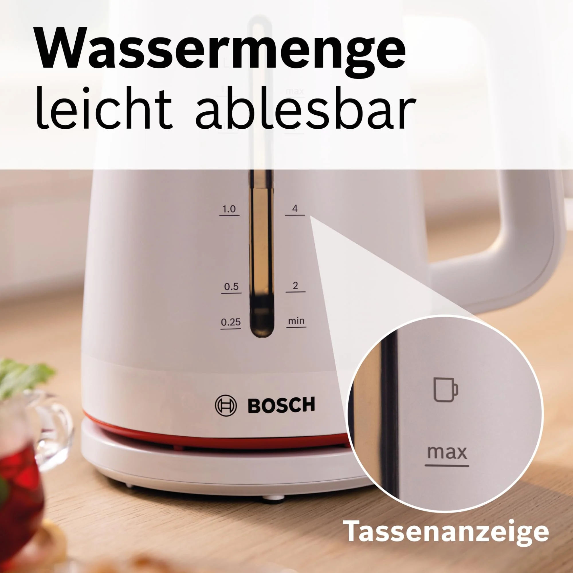 Bosch kabelloser Wasserkocher MyMoment TWK3M121, Abschaltautomatik, Überhitzungsschutz, Tassenanzeige, beidseitige Wasserstandsanzeige, entnehmbarer Kalkfilter, 1,7 L, 2400 W, Weiß matt - Image 4