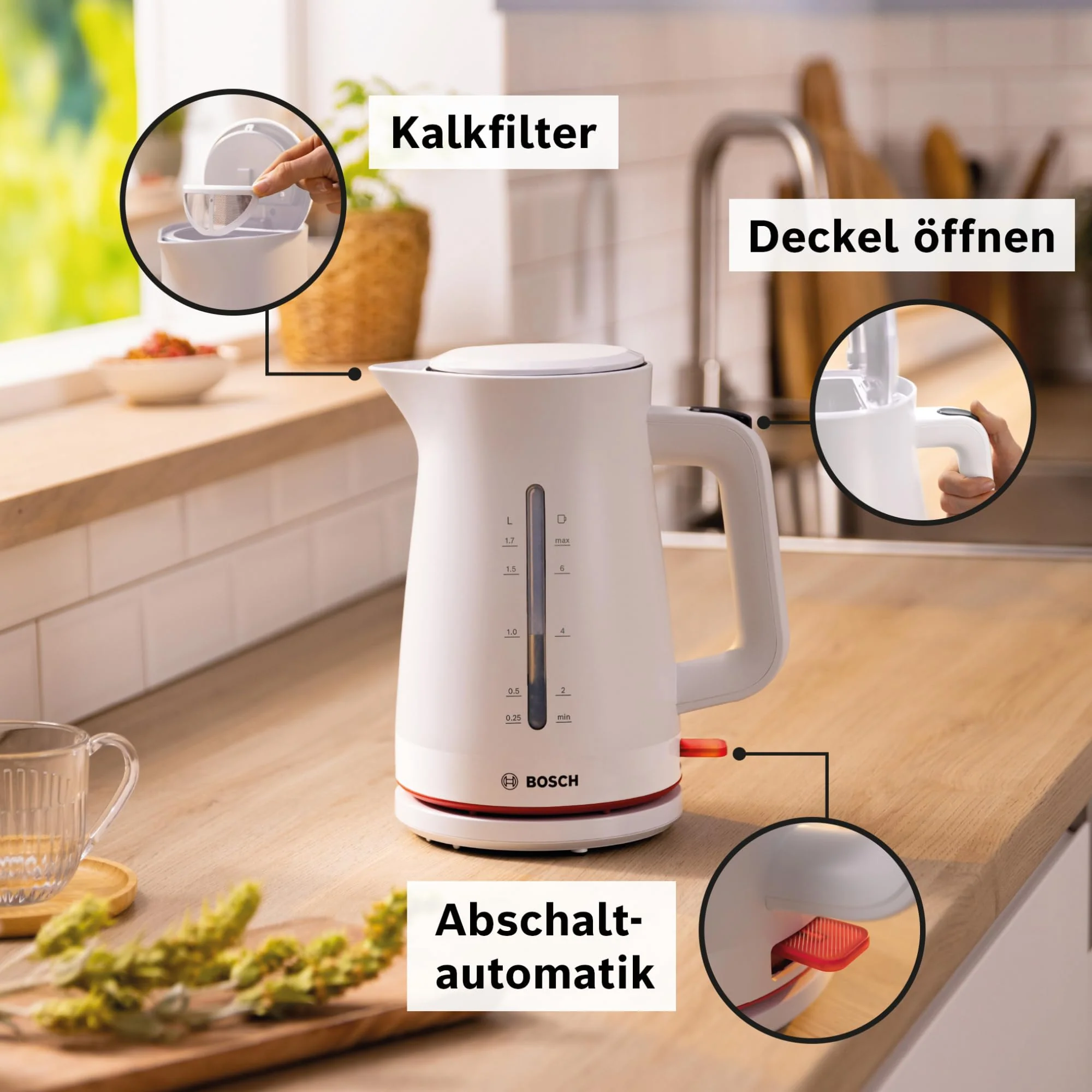 Bosch kabelloser Wasserkocher MyMoment TWK3M121, Abschaltautomatik, Überhitzungsschutz, Tassenanzeige, beidseitige Wasserstandsanzeige, entnehmbarer Kalkfilter, 1,7 L, 2400 W, Weiß matt - Image 8