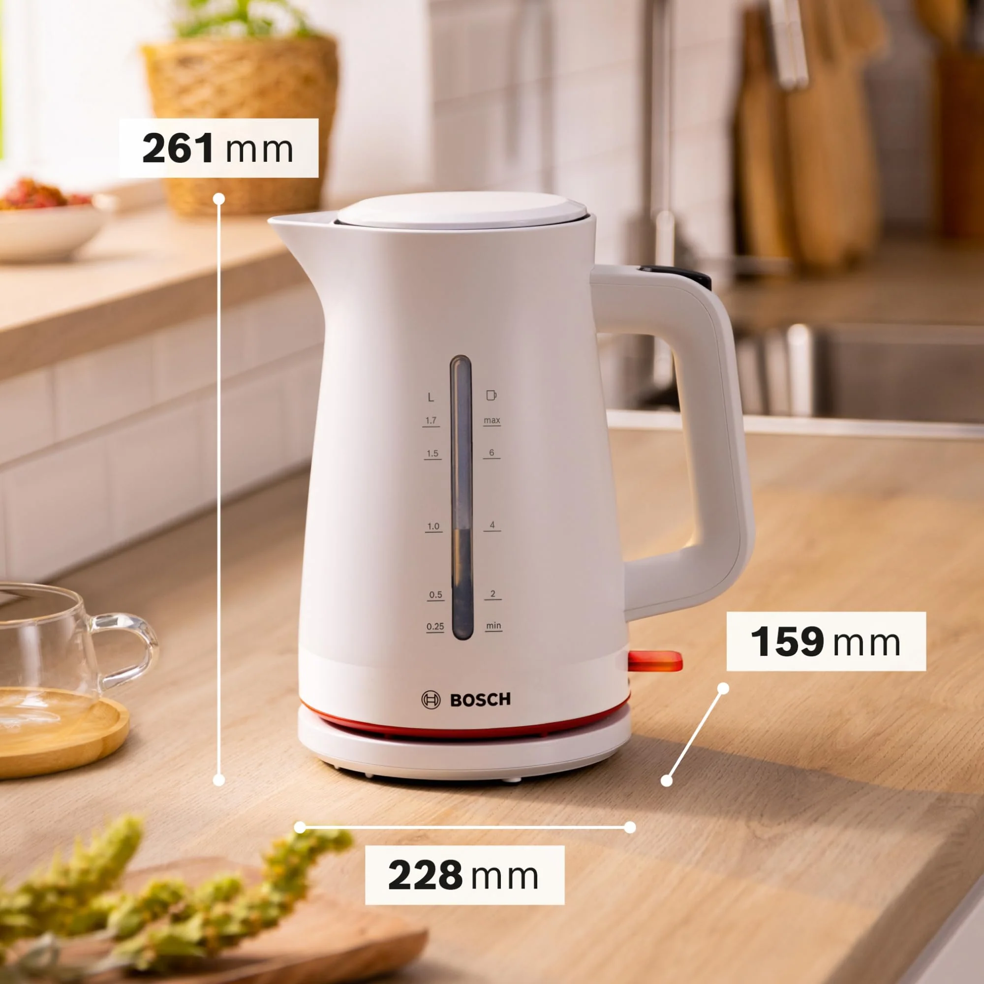 Bosch kabelloser Wasserkocher MyMoment TWK3M121, Abschaltautomatik, Überhitzungsschutz, Tassenanzeige, beidseitige Wasserstandsanzeige, entnehmbarer Kalkfilter, 1,7 L, 2400 W, Weiß matt - Image 9