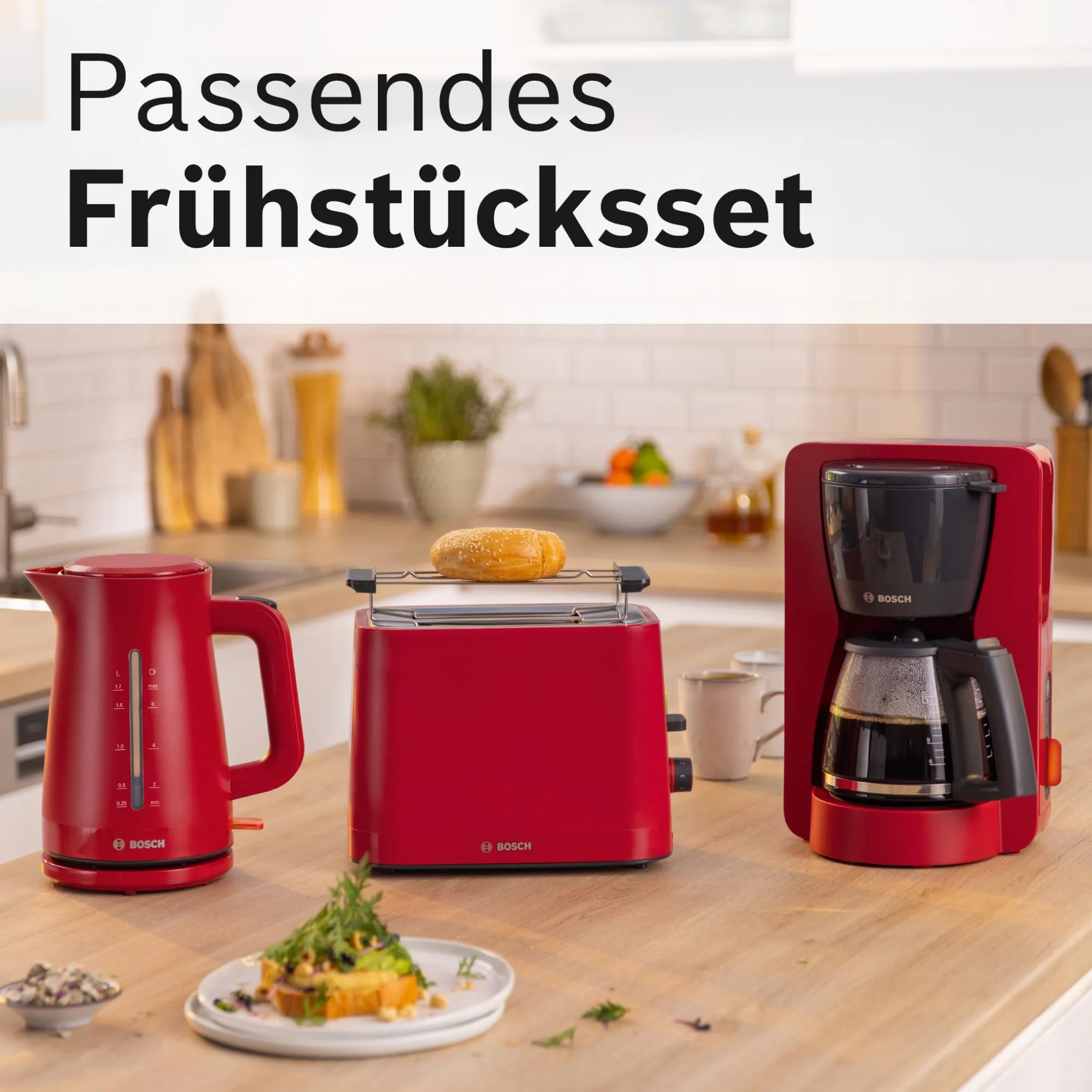 Bosch kabelloser Wasserkocher MyMoment TWK3M124, Abschaltautomatik, Überhitzungsschutz, Tassenanzeige, beidseitige Wasserstandsanzeige, entnehmbarer Kalkfilter, 1,7 L, 2400 W, Rot matt - Image 2