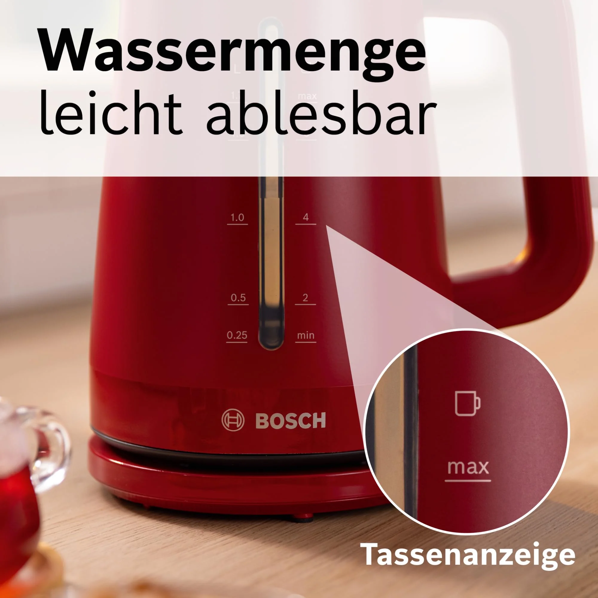 Bosch kabelloser Wasserkocher MyMoment TWK3M124, Abschaltautomatik, Überhitzungsschutz, Tassenanzeige, beidseitige Wasserstandsanzeige, entnehmbarer Kalkfilter, 1,7 L, 2400 W, Rot matt - Image 4