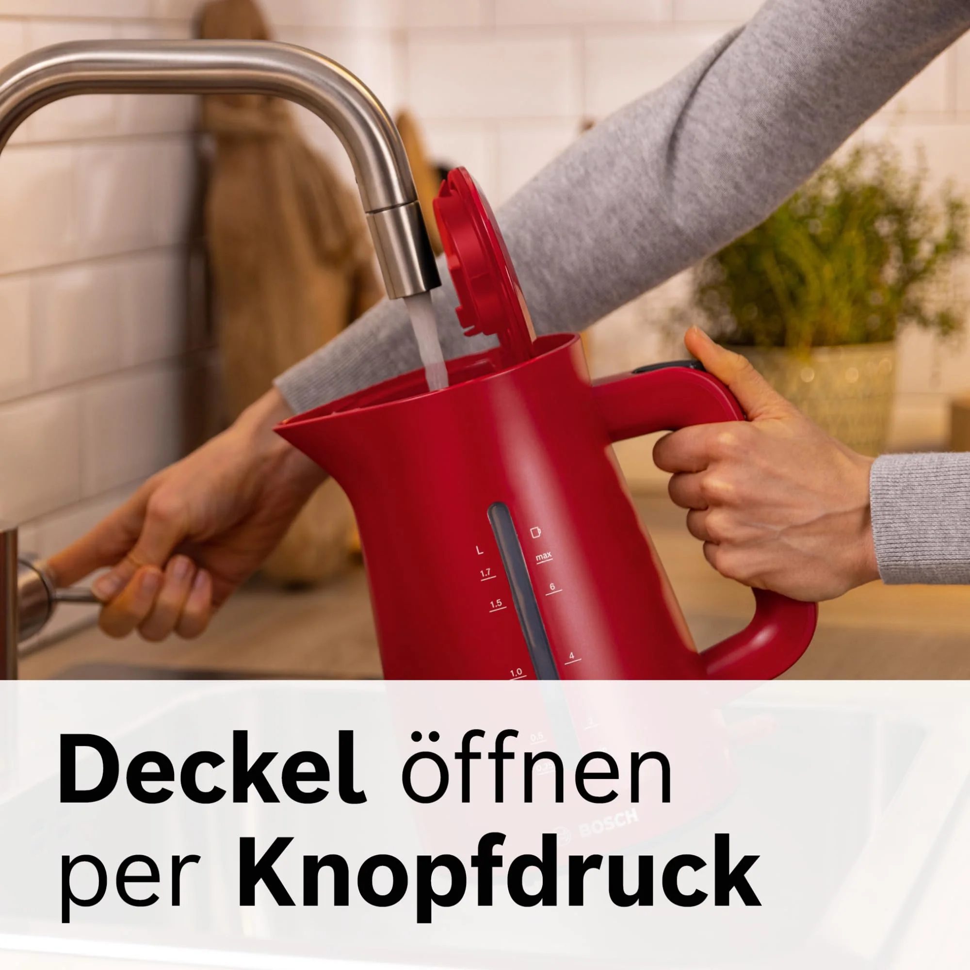 Bosch kabelloser Wasserkocher MyMoment TWK3M124, Abschaltautomatik, Überhitzungsschutz, Tassenanzeige, beidseitige Wasserstandsanzeige, entnehmbarer Kalkfilter, 1,7 L, 2400 W, Rot matt - Image 6