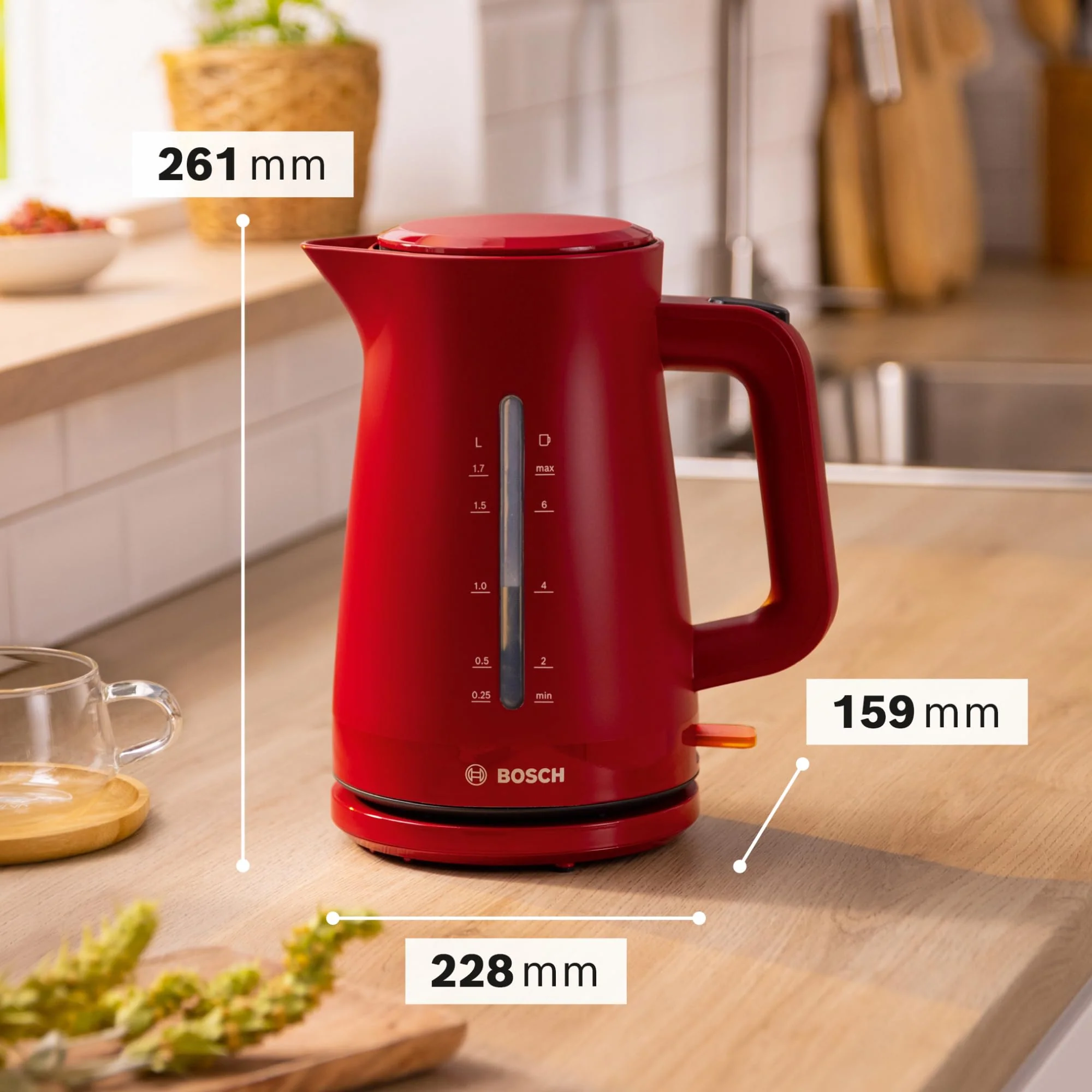 Bosch kabelloser Wasserkocher MyMoment TWK3M124, Abschaltautomatik, Überhitzungsschutz, Tassenanzeige, beidseitige Wasserstandsanzeige, entnehmbarer Kalkfilter, 1,7 L, 2400 W, Rot matt - Image 9
