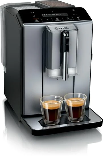 Bosch Kaffeevollautomat VeroCafe Serie 2 TIE20504, Aroma Max System, Easy Select Display, Kaffeespezialitäten auf Knopfdruck, Einfache Reinigung, Keramikmahlwerk, Diamond titanium metallic