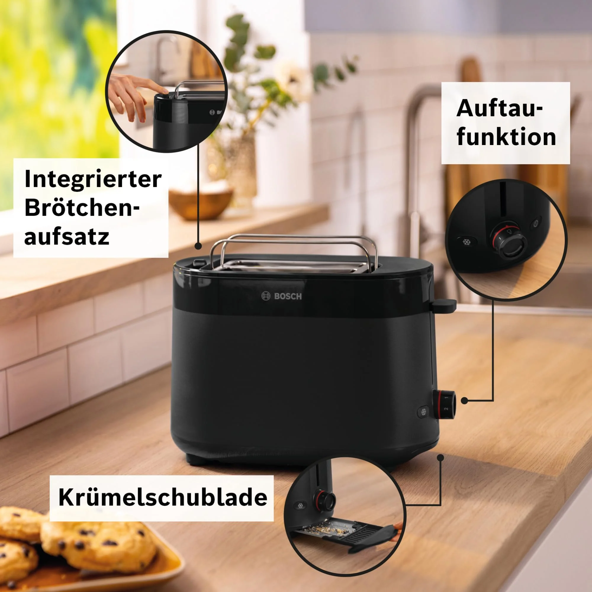 Bosch Kompakt Toaster MyMoment TAT2M123, integrierter Brötchenaufsatz, mit Auftaufunktion, mit Abschaltautomatik, Liftfunktion, Brotzentrierung, perfekt für 2 Scheiben, 800 Watt, Schwarz matt - Image 7