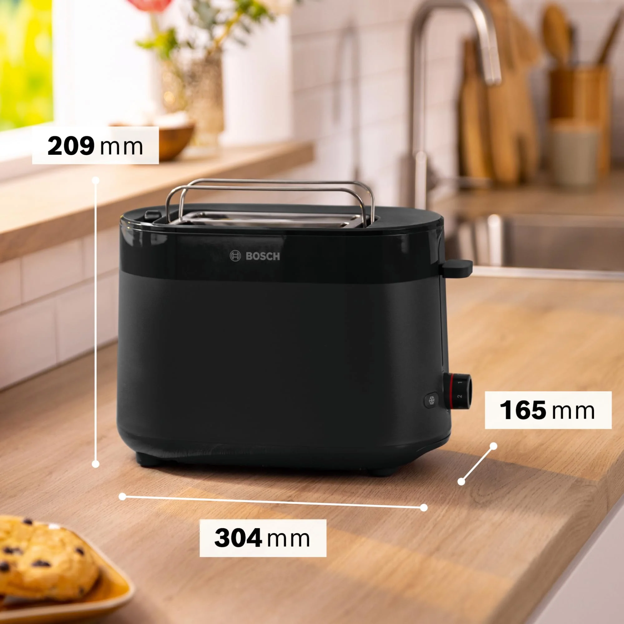 Bosch Kompakt Toaster MyMoment TAT2M123, integrierter Brötchenaufsatz, mit Auftaufunktion, mit Abschaltautomatik, Liftfunktion, Brotzentrierung, perfekt für 2 Scheiben, 800 Watt, Schwarz matt - Image 8