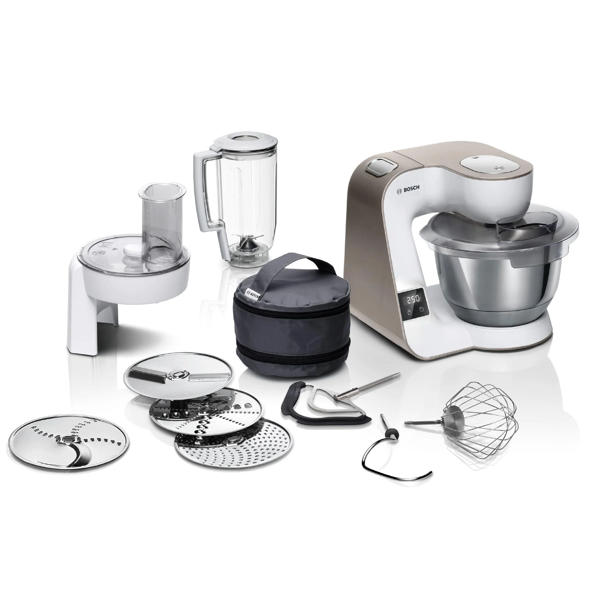 Bosch Küchenmaschine Serie 4 MUM5XW20, Edelstahl-Schüssel 3,9 L, integrierte Waage, Mixer 1,25 L, Profi-Knethaken, Schnee-, Silikonbesen, Durchlaufschnitzler, 4 Scheiben, 1000 W, Weiß/Silber - Image 3