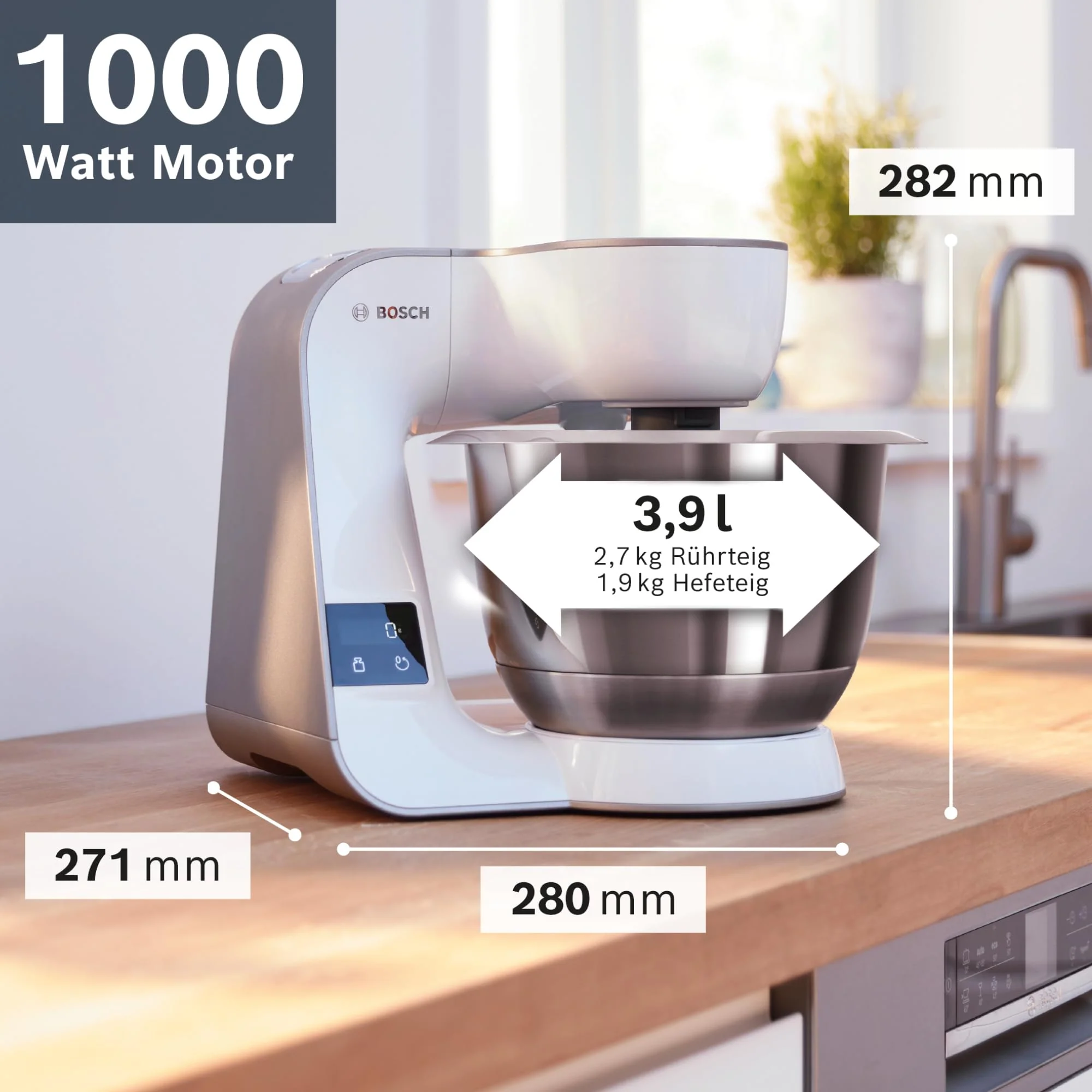 Bosch Küchenmaschine Serie 4 MUM5XW20, Edelstahl-Schüssel 3,9 L, integrierte Waage, Mixer 1,25 L, Profi-Knethaken, Schnee-, Silikonbesen, Durchlaufschnitzler, 4 Scheiben, 1000 W, Weiß/Silber - Image 5