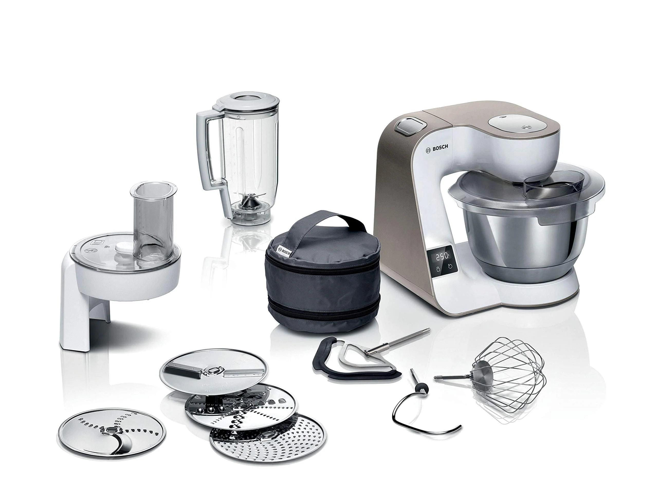Bosch Küchenmaschine Serie 4 MUM5XW20, Edelstahl-Schüssel 3,9 L, integrierte Waage, Mixer 1,25 L, Profi-Knethaken, Schnee-, Silikonbesen, Durchlaufschnitzler, 4 Scheiben, 1000 W, Weiß/Silber - Image 9