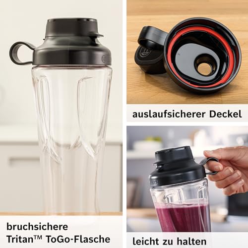 Bosch Mini-Standmixer VitaPower Serie 2 MMB2111S, Highspeed-Mixer, bis zu 40.000 rpm, Tritan ToGo-Flasche 0,6 L, Trinkdeckel, bruchsicher,spülmasch.geeignete Teile, 450W, Silber/schwarz - Image 2