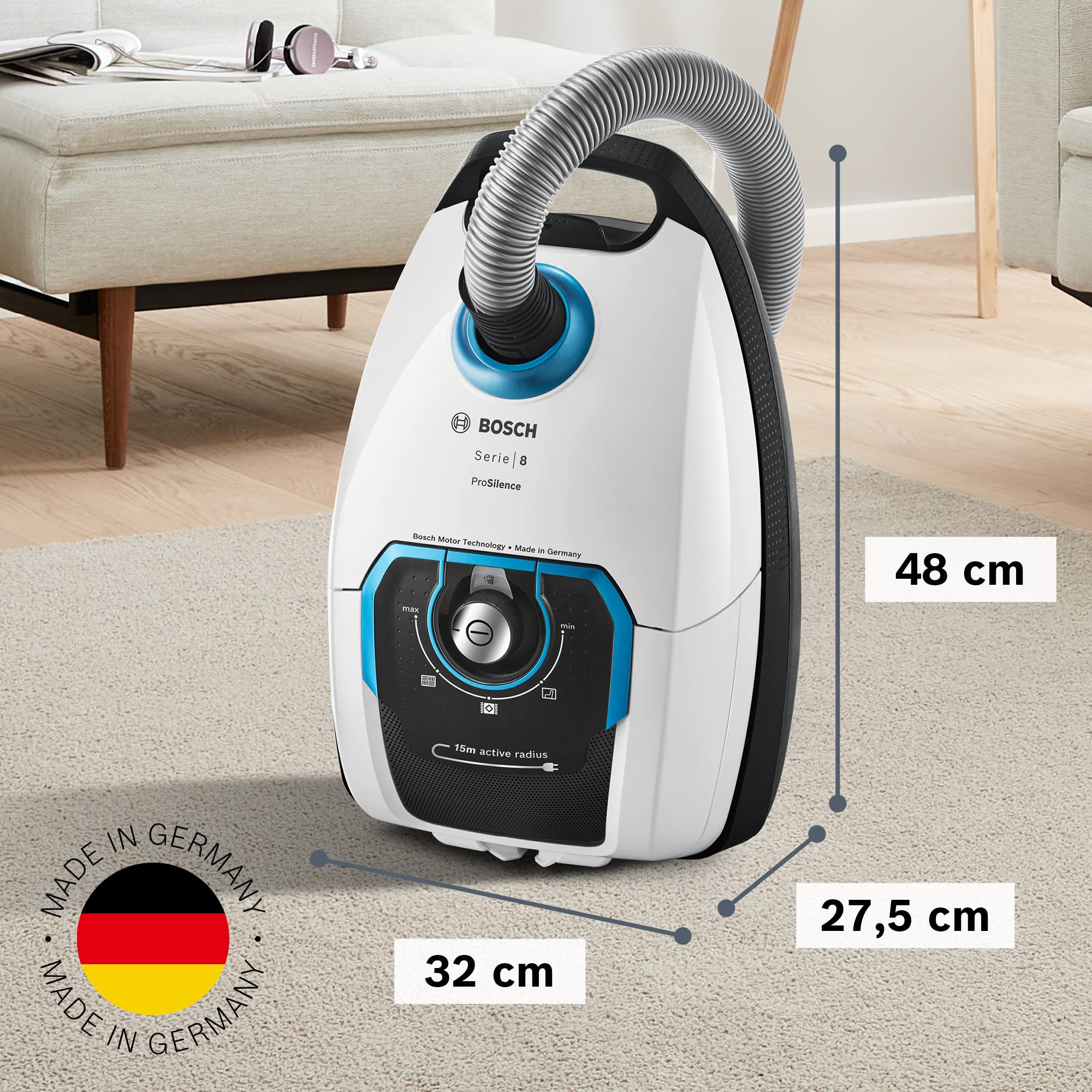 Bosch Staubsauger mit Beutel ProSilence Serie 8 BGB75XSIL, Bodenstaubsauger, ideal für Allergiker, Hygiene-Filter, 10 Jahre Motorgarantie, Hartbodendüse, langes Kabel, Made in Germany, 650 W, weiß - Image 6